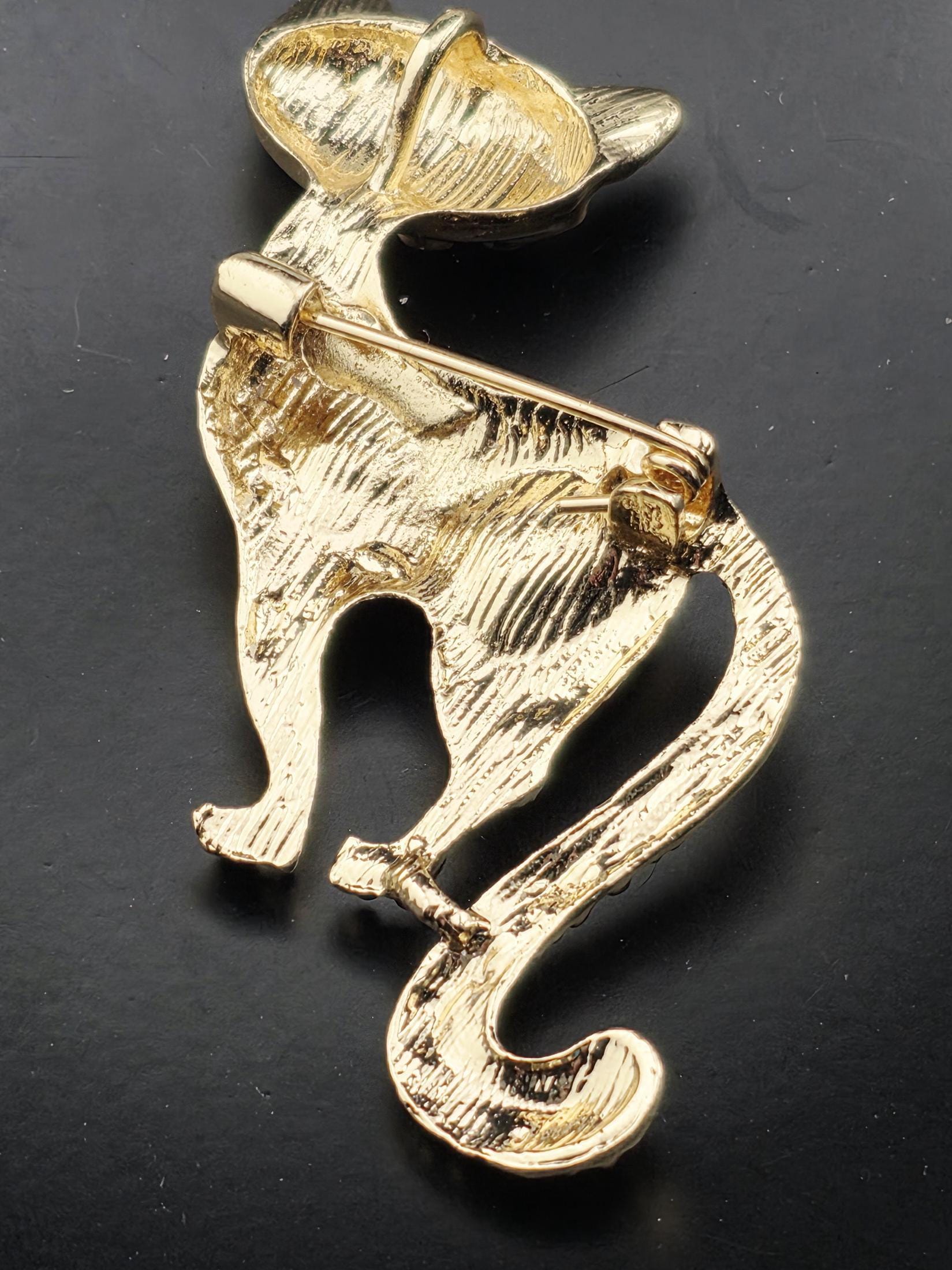 Gold Cat Brooch Pin - Rhinestone Detail, Cute Jewelry Accent | Handmade Pin | Jacket Scarf Hat Accessory | Gift Idea