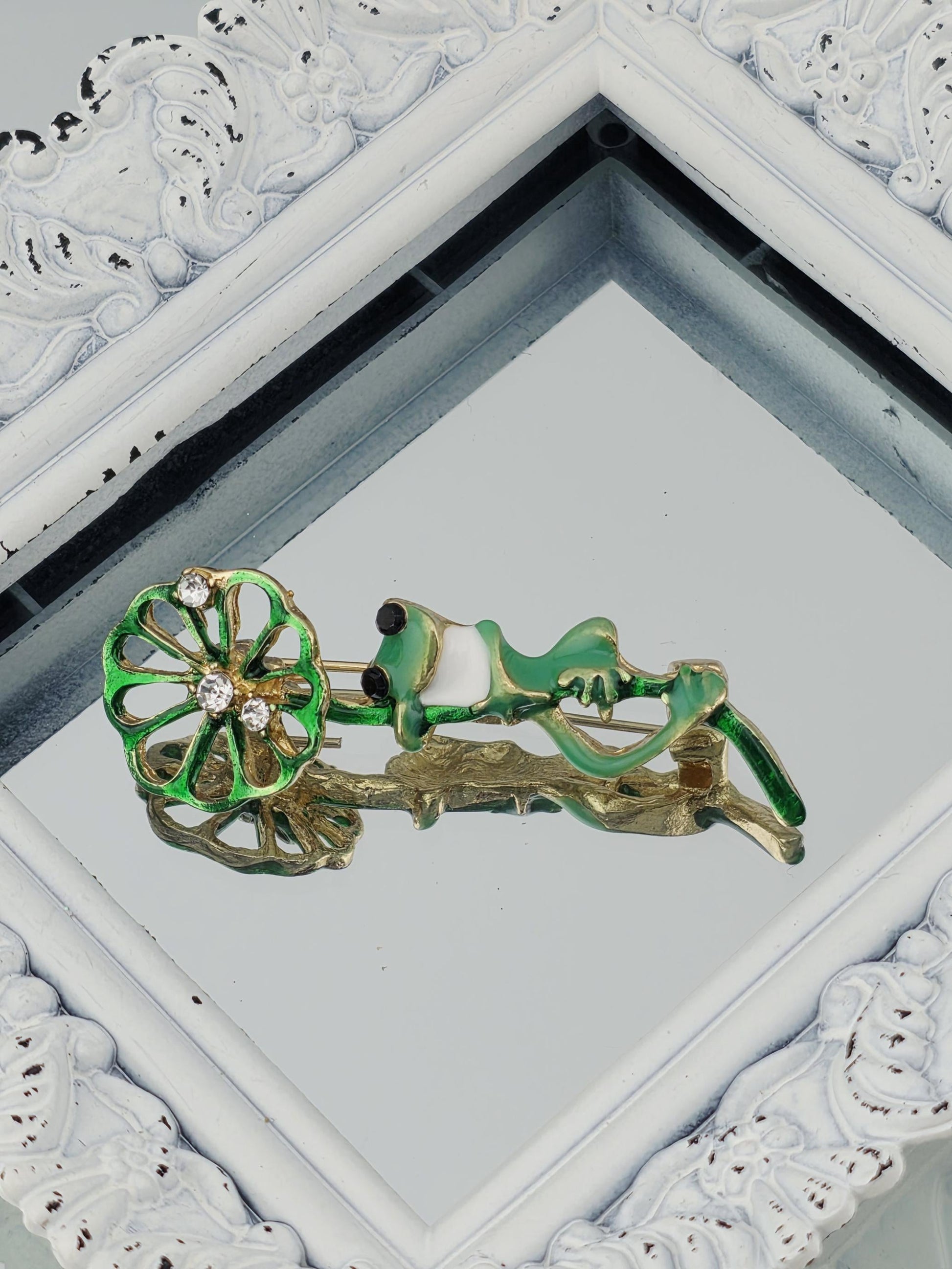 Frog Enamel Pin: Green with Lotus Leaf - Rhinestone Detail | Handmade Pin | Jacket Scarf Hat Accessory | Gift Idea