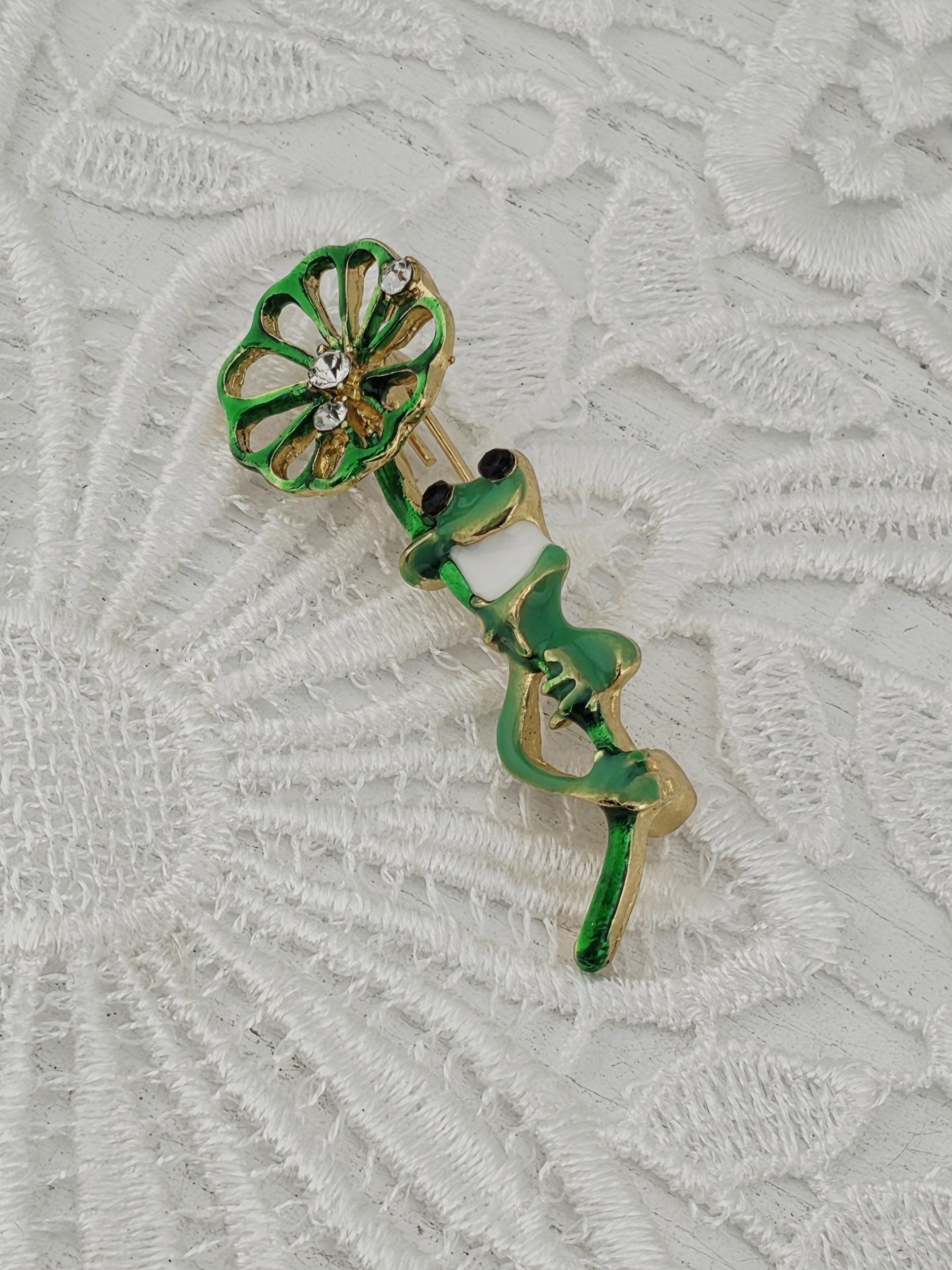 Frog Enamel Pin: Green with Lotus Leaf - Rhinestone Detail | Handmade Pin | Jacket Scarf Hat Accessory | Gift Idea