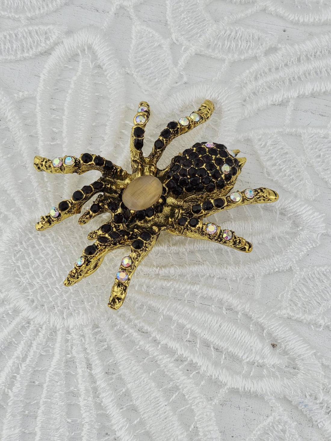 Ruby Spider Brooch, Gold Tone with Black and White Gems (60x55mm) | Handmade Pin | Jacket Scarf Hat Accessory | Gift Idea