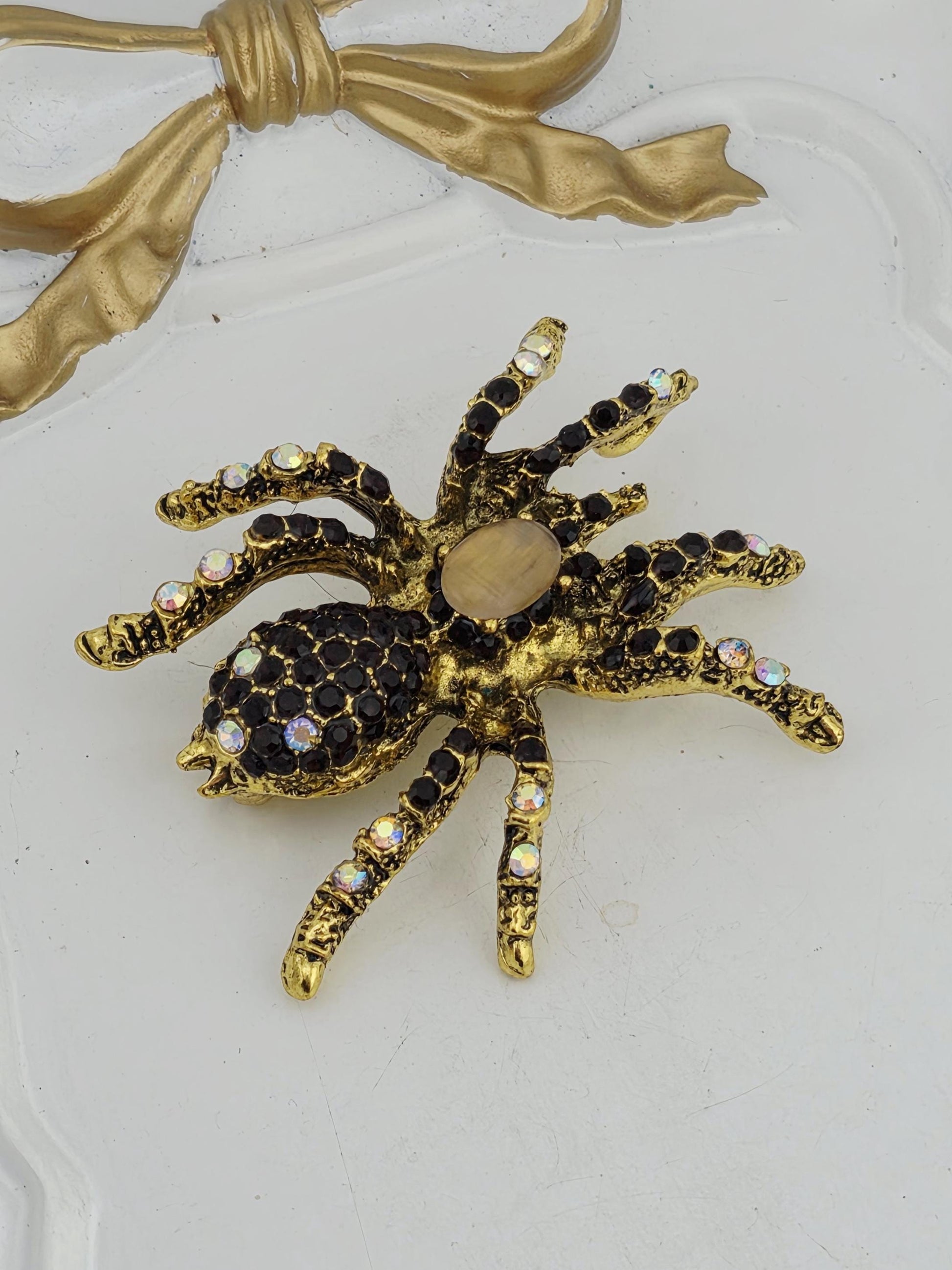 Ruby Spider Brooch, Gold Tone with Black and White Gems (60x55mm) | Handmade Pin | Jacket Scarf Hat Accessory | Gift Idea