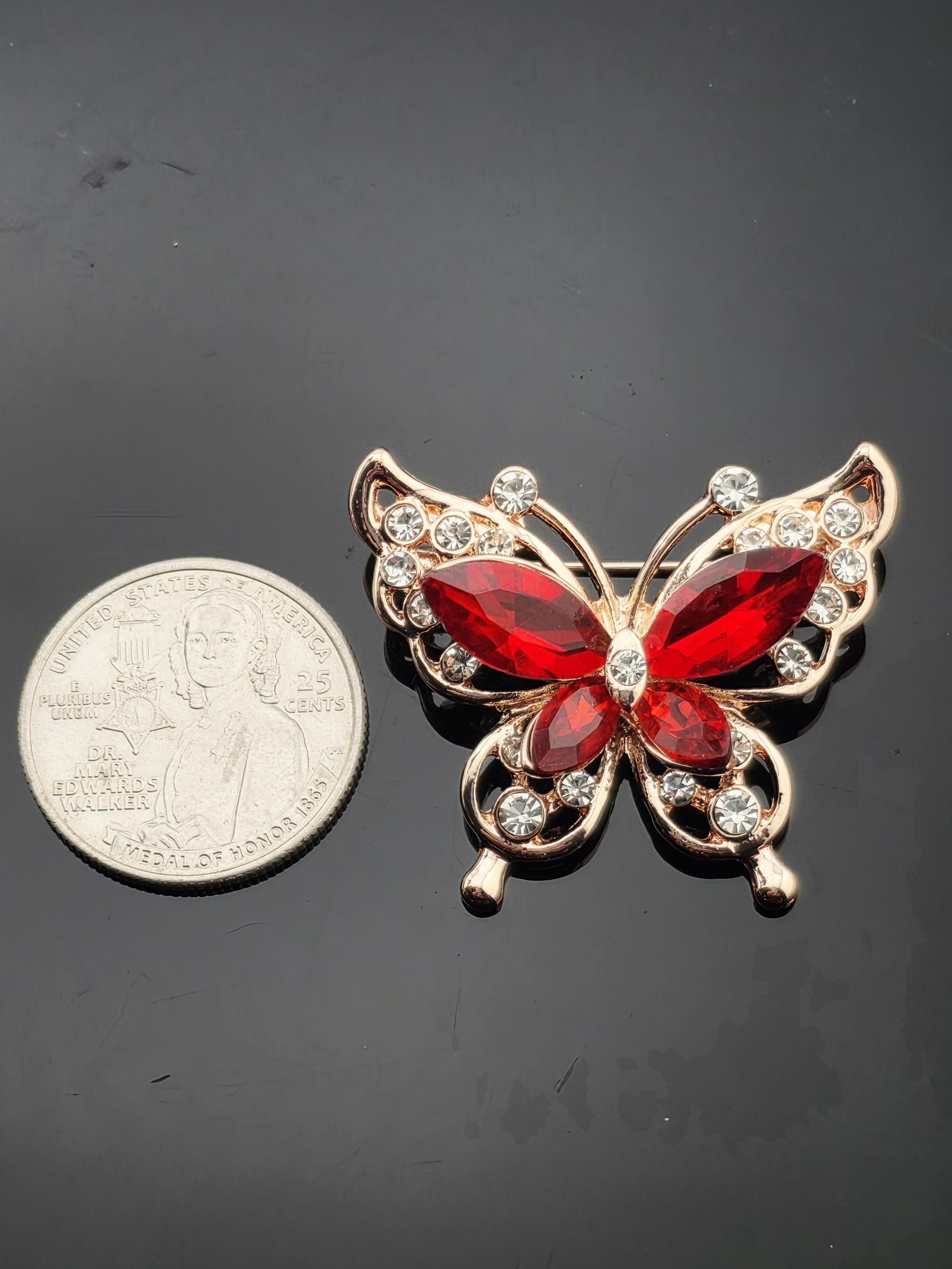 Butterfly Pendant: Ruby Red Gemstone - Gold Tone Finish | Handmade Pin | Jacket Scarf Hat Accessory | Gift Idea