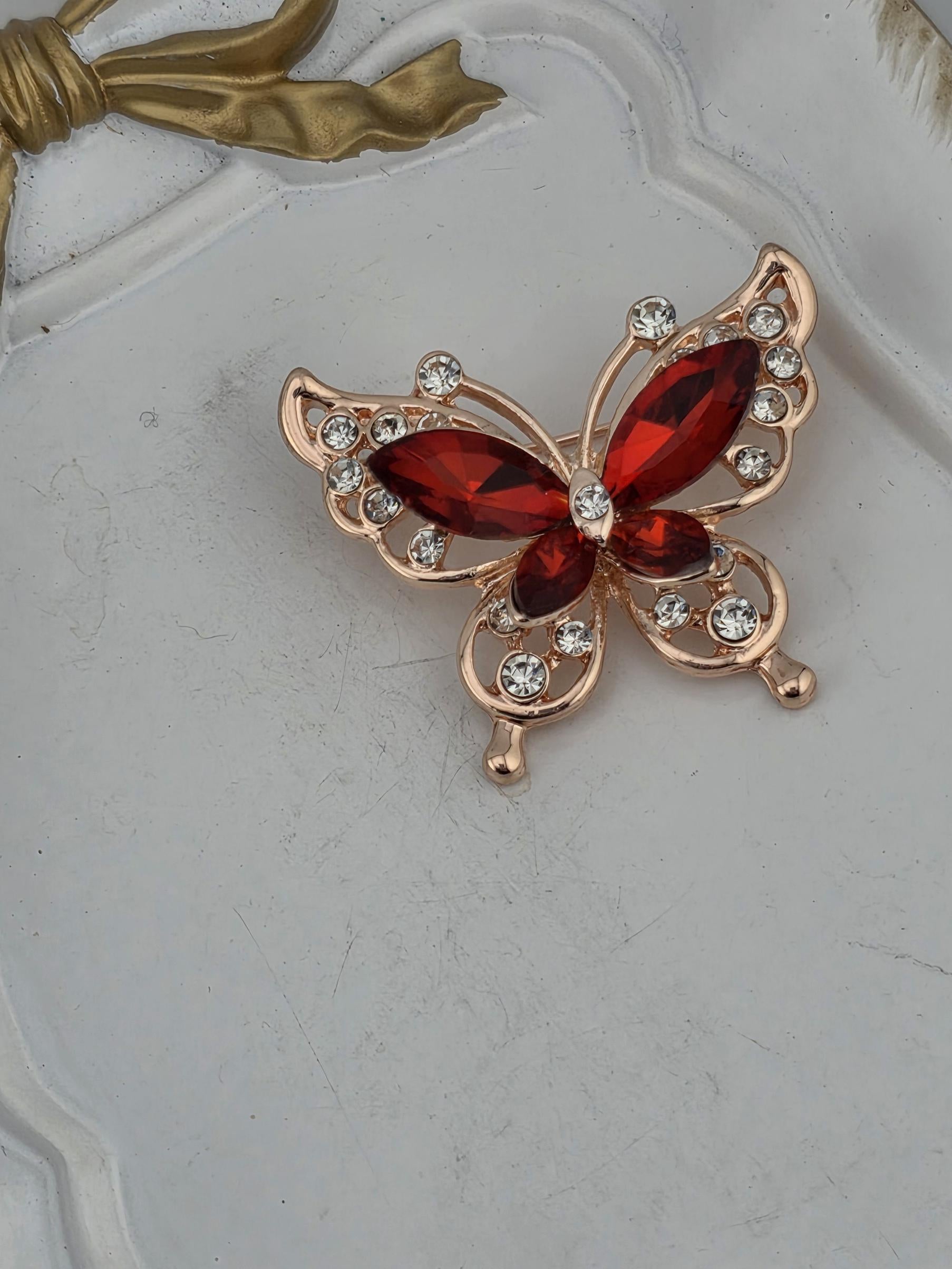 Butterfly Pendant: Ruby Red Gemstone - Gold Tone Finish | Handmade Pin | Jacket Scarf Hat Accessory | Gift Idea