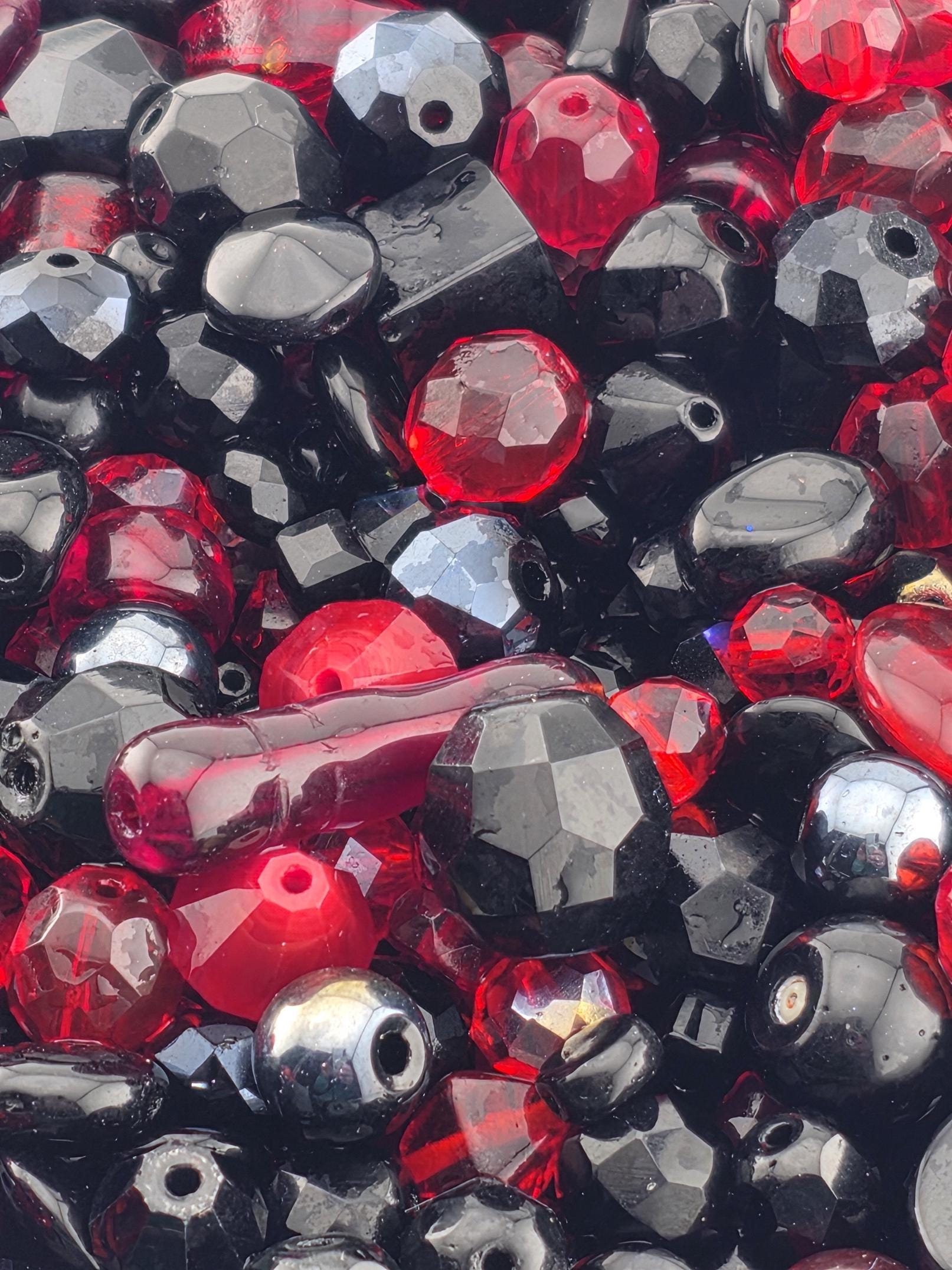 Midnight Flame Glass Beads, Red and Black Mix (Faceted Czech Bead Soup) | Jewelry Making Bracelet Supply | Learise Curated Mix