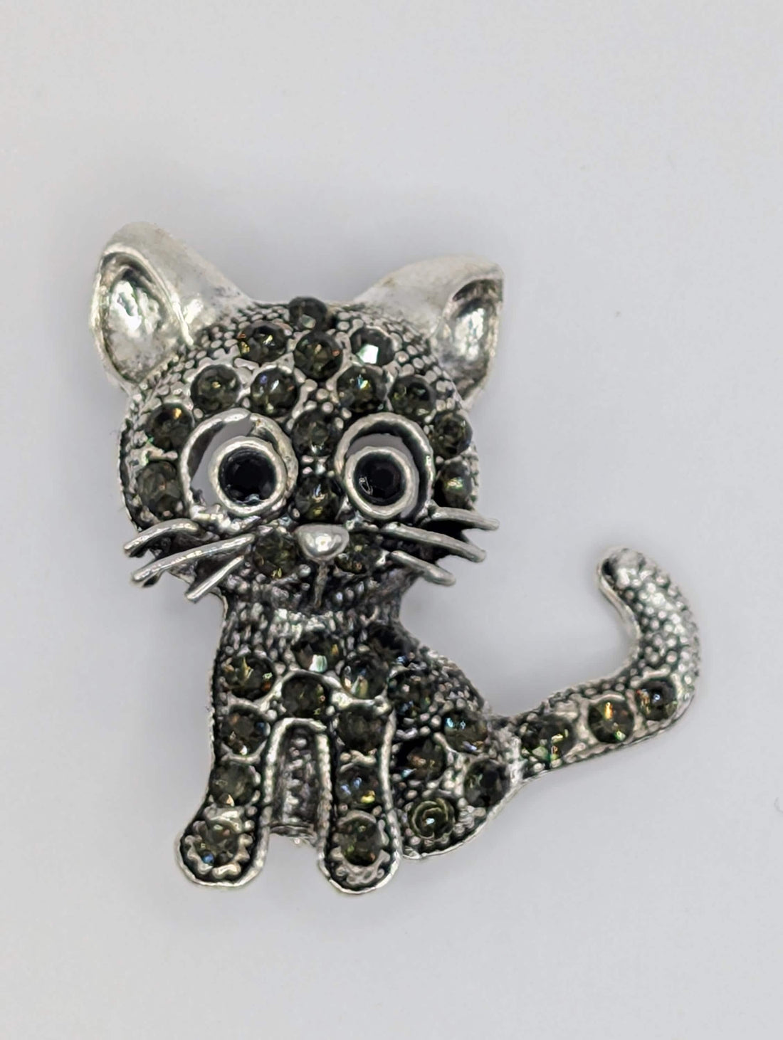 Cat Brooch Pin: Silver Plated with Black Rhinestones - Sparkle Accessory | Handmade Pin | Jacket Scarf Hat Accessory | Gift Idea