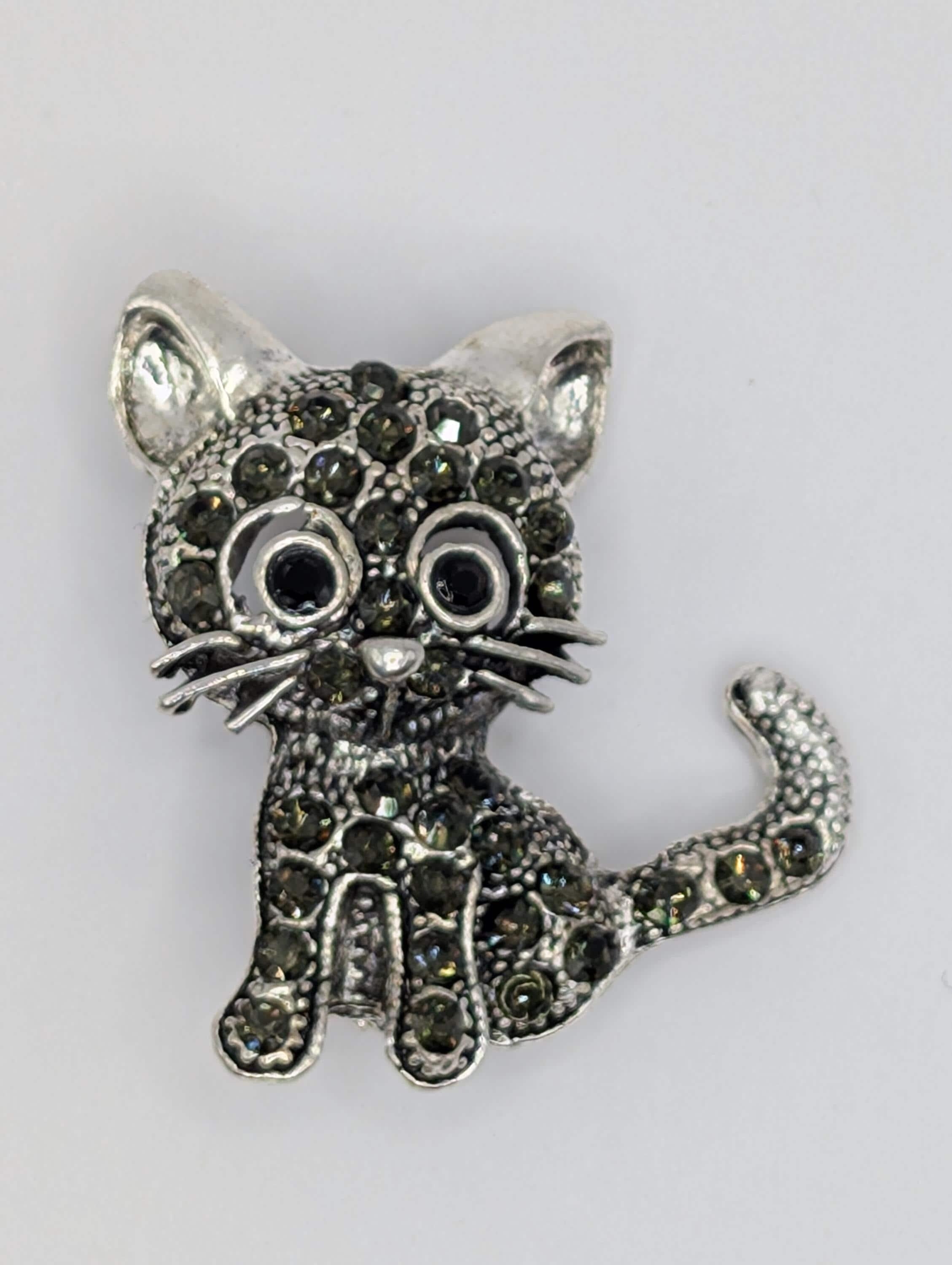 Cat Brooch Pin: Silver Plated with Black Rhinestones - Sparkle Accessory | Handmade Pin | Jacket Scarf Hat Accessory | Gift Idea