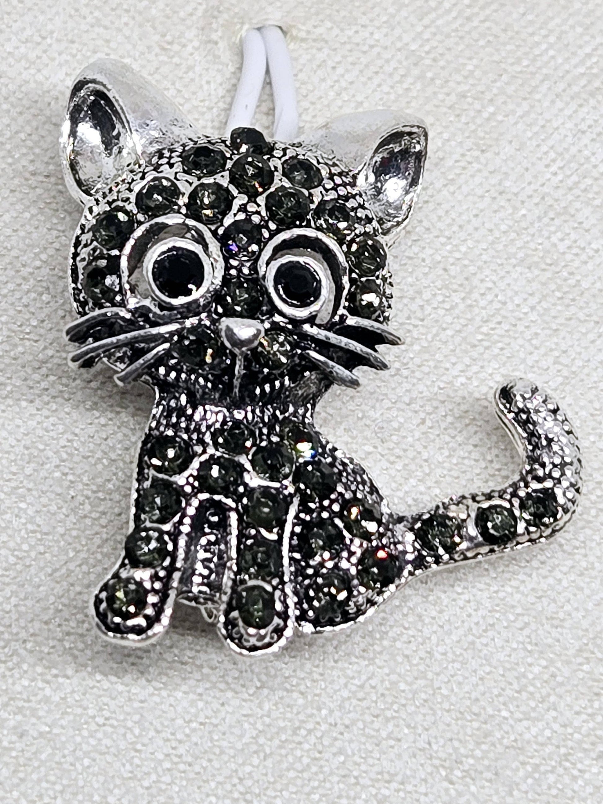 Cat Brooch Pin: Silver Plated with Black Rhinestones - Sparkle Accessory | Handmade Pin | Jacket Scarf Hat Accessory | Gift Idea