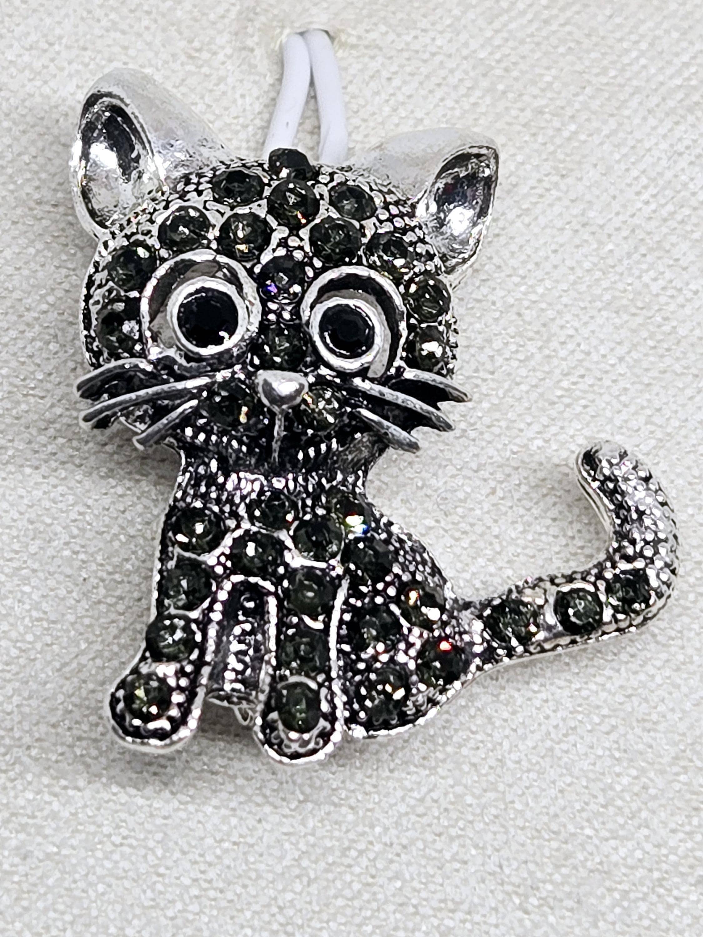 Cat Brooch Pin: Silver Plated with Black Rhinestones - Sparkle Accessory | Handmade Pin | Jacket Scarf Hat Accessory | Gift Idea