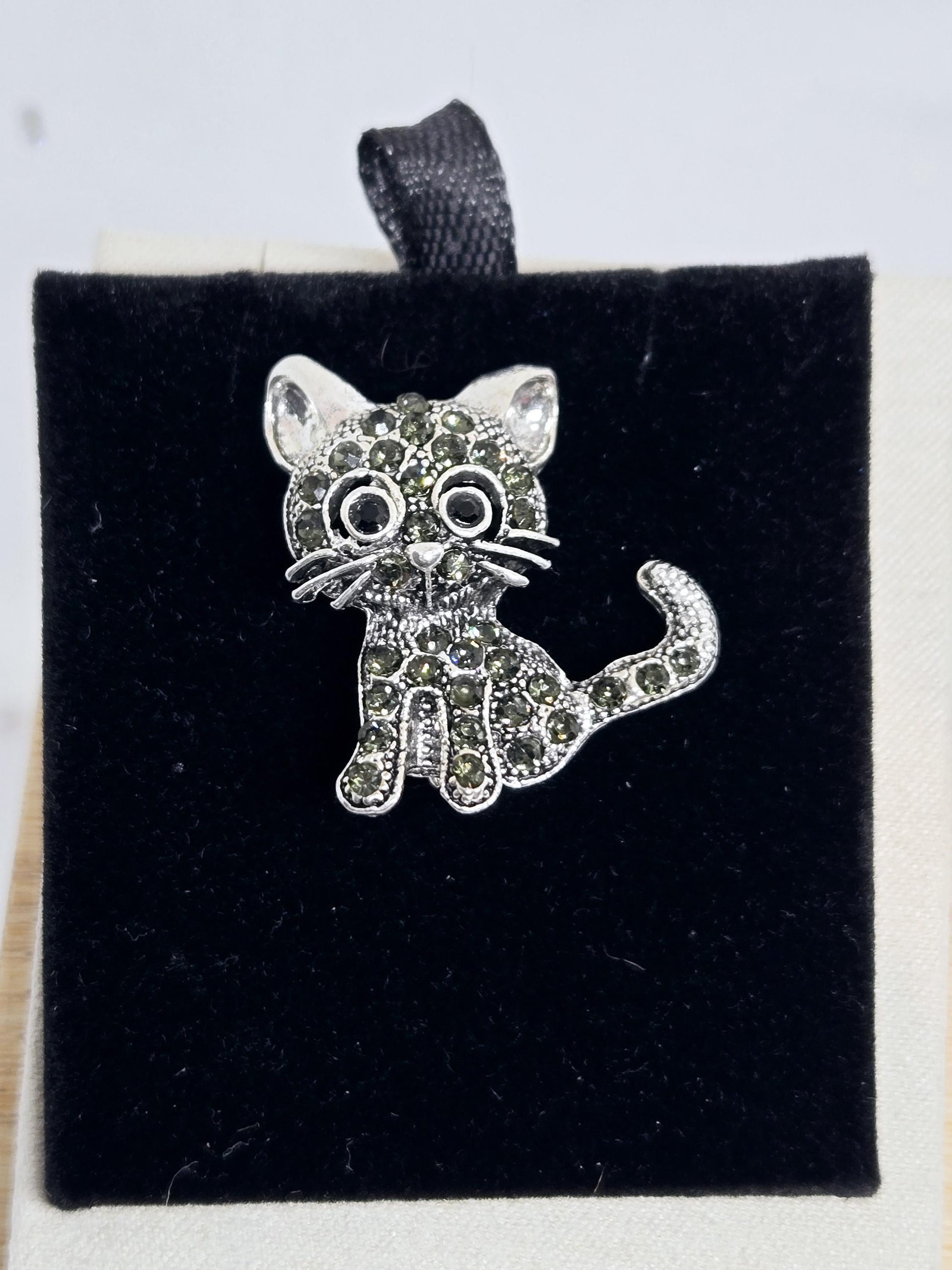 Cat Brooch Pin: Silver Plated with Black Rhinestones - Sparkle Accessory | Handmade Pin | Jacket Scarf Hat Accessory | Gift Idea
