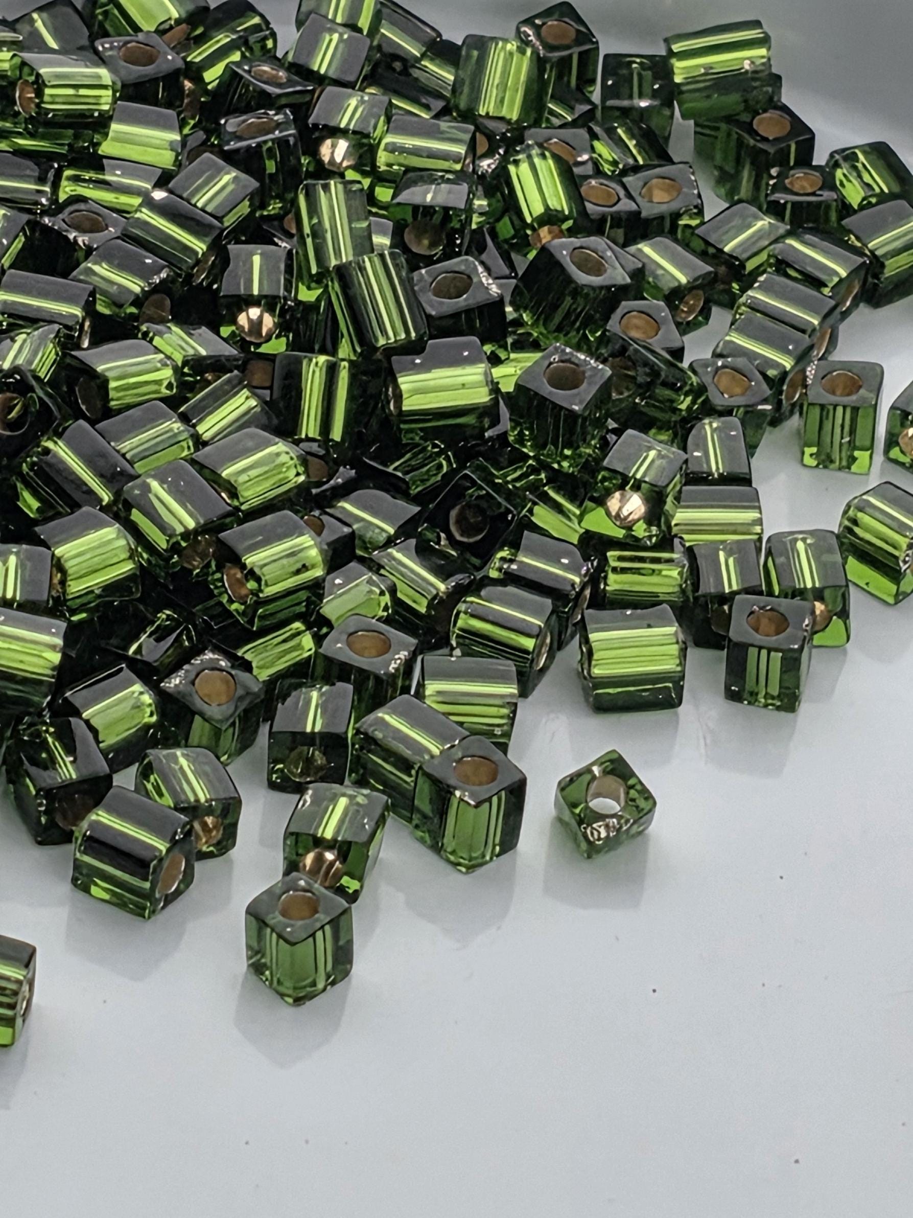 Miyuki Square Beads: Olive Green Translucent Silver-Lined - 3mm Glass, 15g | Japanese Seed Beads | Bead Weaving Embroidery Supply
