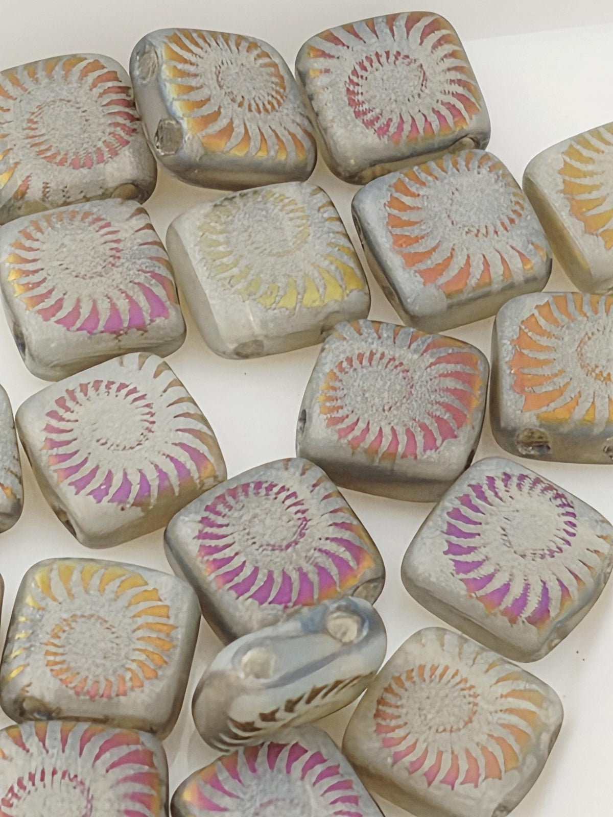 Laser Etched Tiles & Daggers, Craft Bead Set ~25pcs, Matte Rainbow Czech Glass 15mm