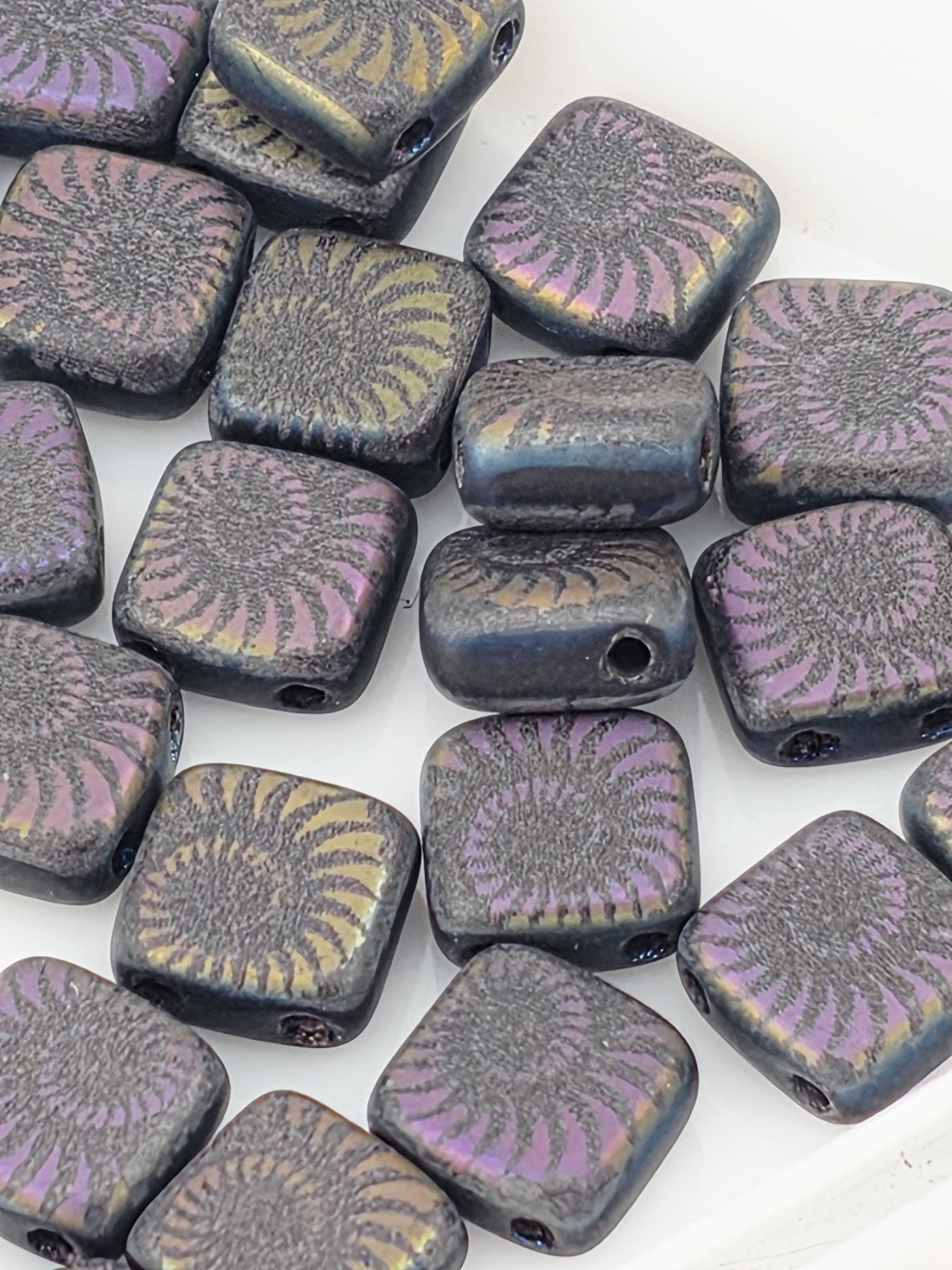 Laser Etched Tiles & Daggers, Craft Bead Set ~25pcs, Matte Rainbow Czech Glass 15mm | Japanese Seed Beads | Bead Weaving Embroidery Supply