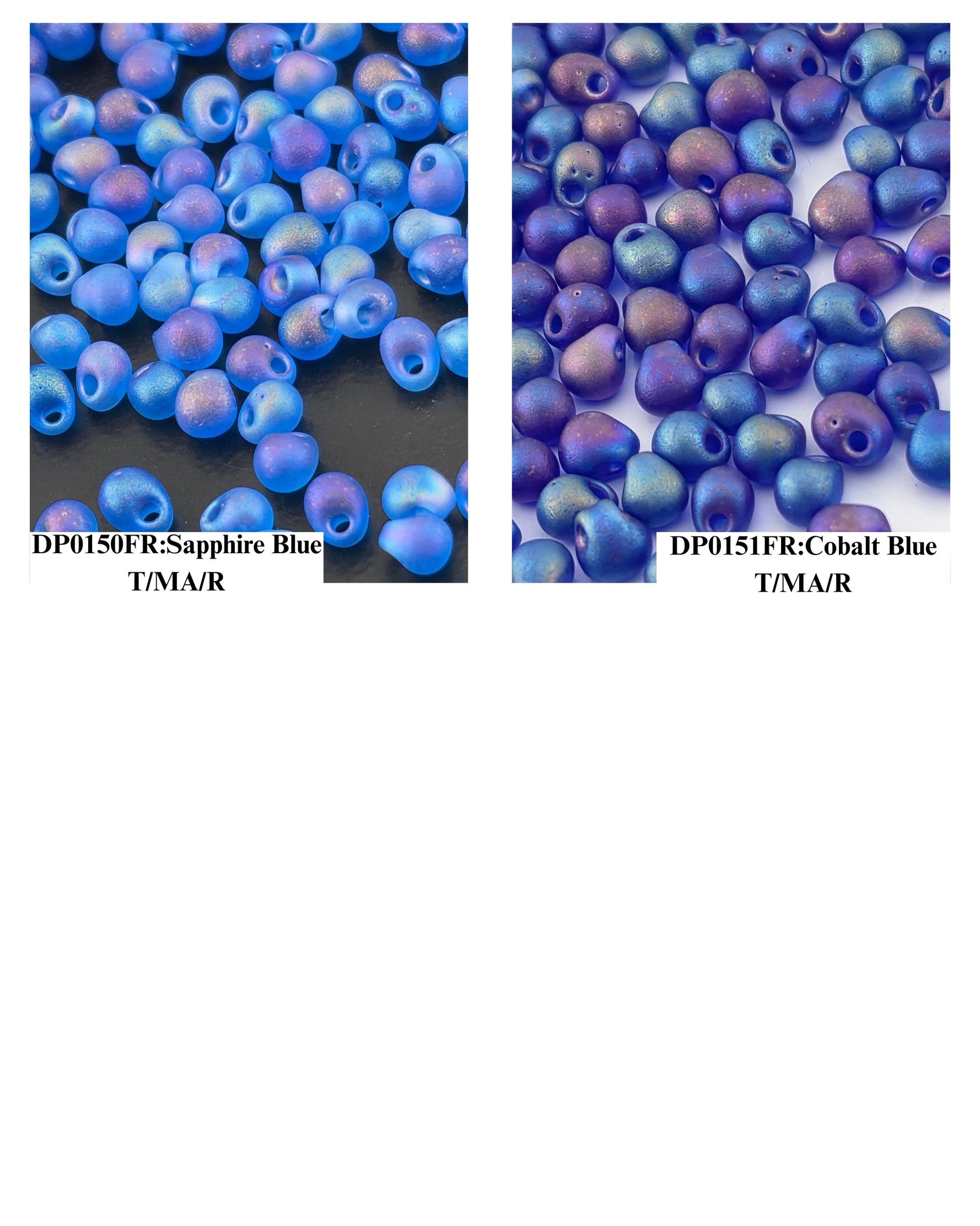 two separate groups of blue beads, one with a darker blue hue and the other with a lighter blue hue. The two groups are separated by a black background, and the text "DP0150F/Sapphire Blue" and "DP0151F/Gobalt Blue" are visible, indicating the color of the beads in each group.