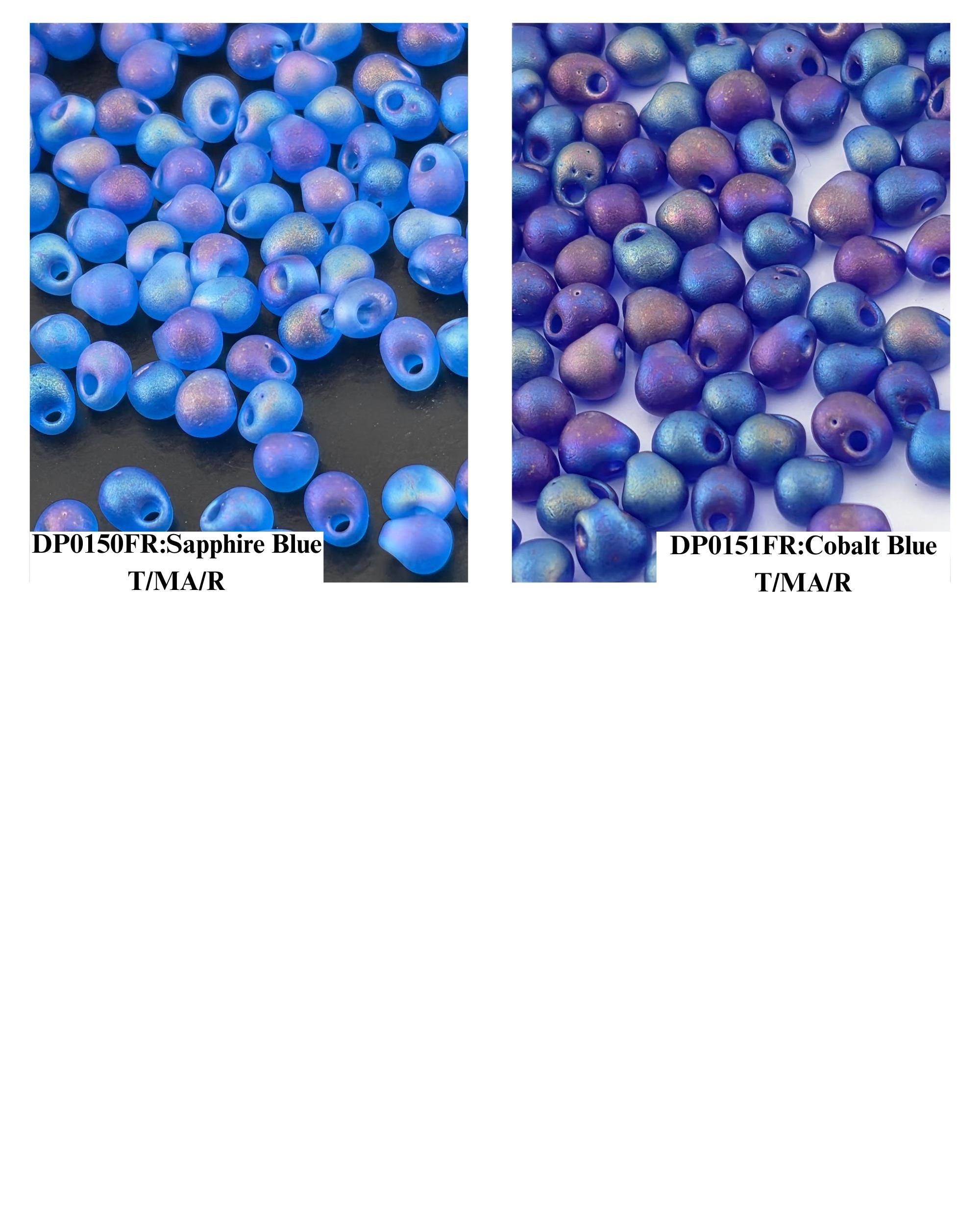 two separate groups of blue beads, one with a darker blue hue and the other with a lighter blue hue. The two groups are separated by a black background, and the text "DP0150F/Sapphire Blue" and "DP0151F/Gobalt Blue" are visible, indicating the color of the beads in each group.