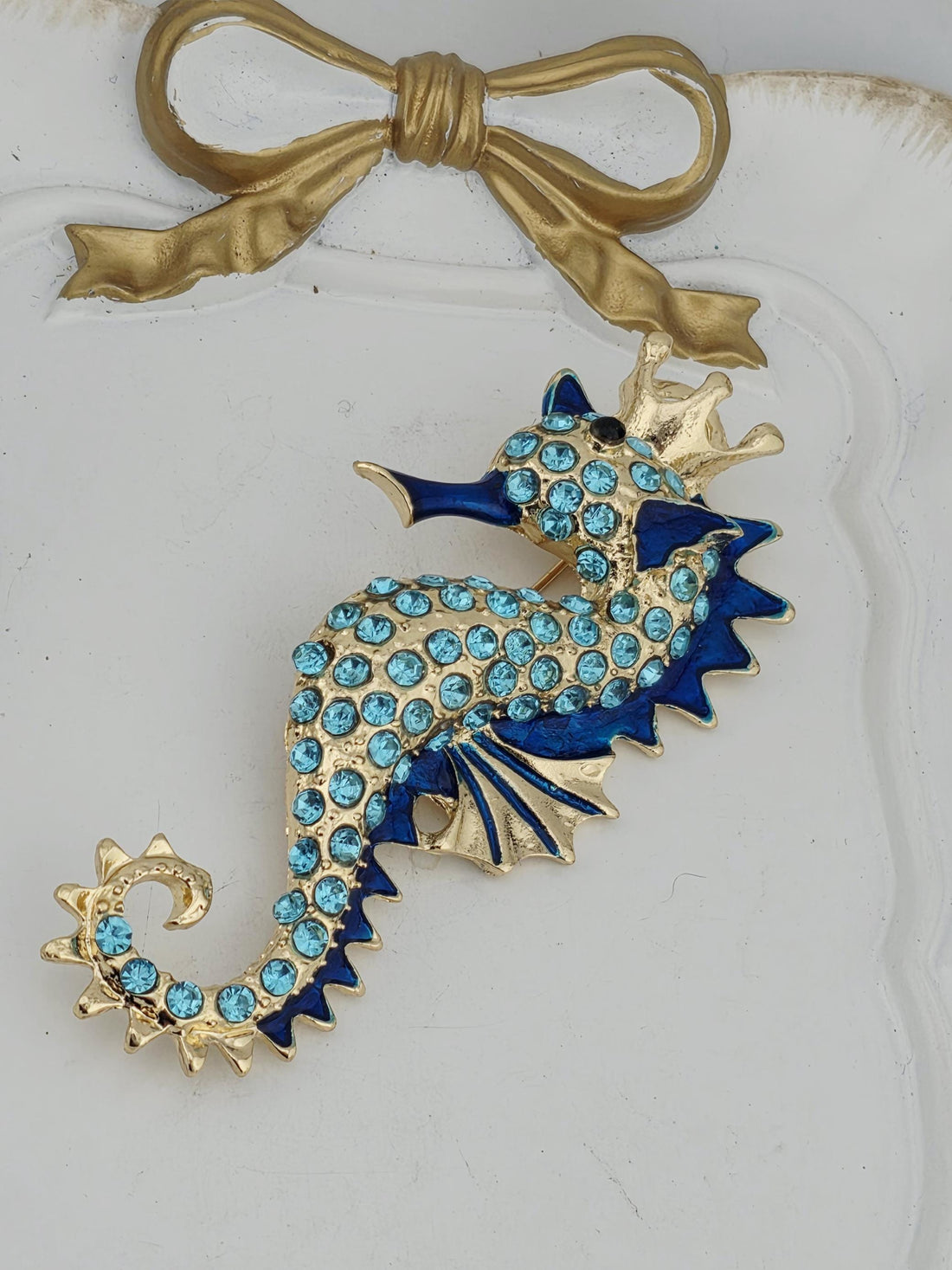 Seahorse Brooch: Ocean Theme, Blue Rhinestones (Cartoon Style) | Handmade Pin | Jacket Scarf Hat Accessory | Gift Idea