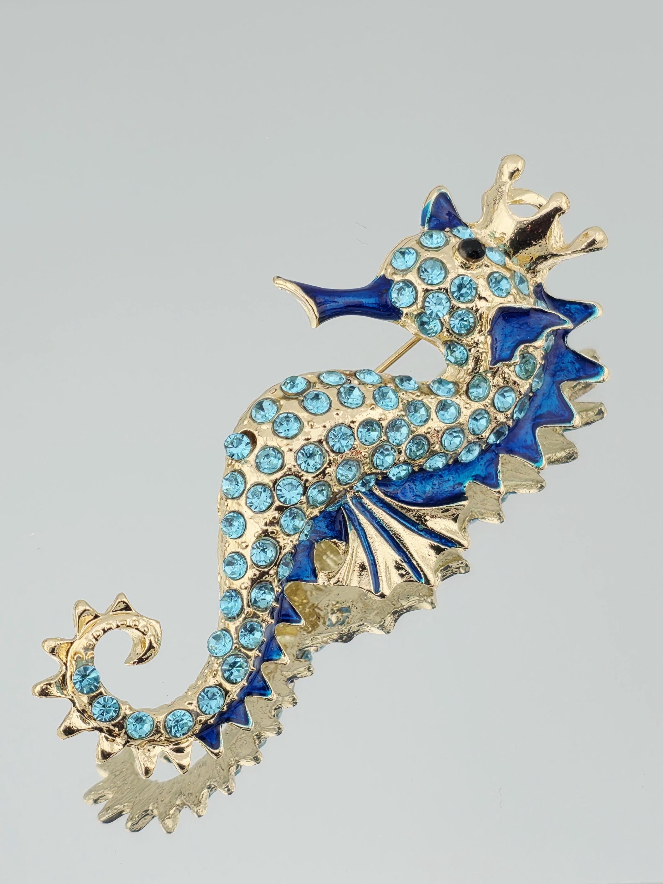 Seahorse Brooch: Ocean Theme, Blue Rhinestones (Cartoon Style) | Handmade Pin | Jacket Scarf Hat Accessory | Gift Idea