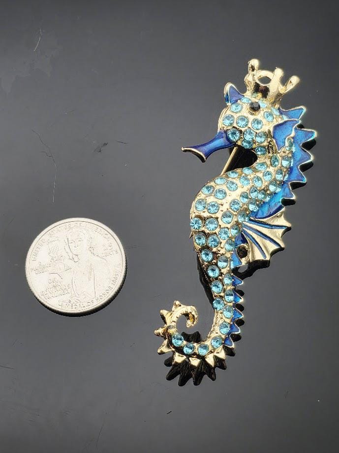Seahorse Brooch: Ocean Theme, Blue Rhinestones (Cartoon Style) | Handmade Pin | Jacket Scarf Hat Accessory | Gift Idea