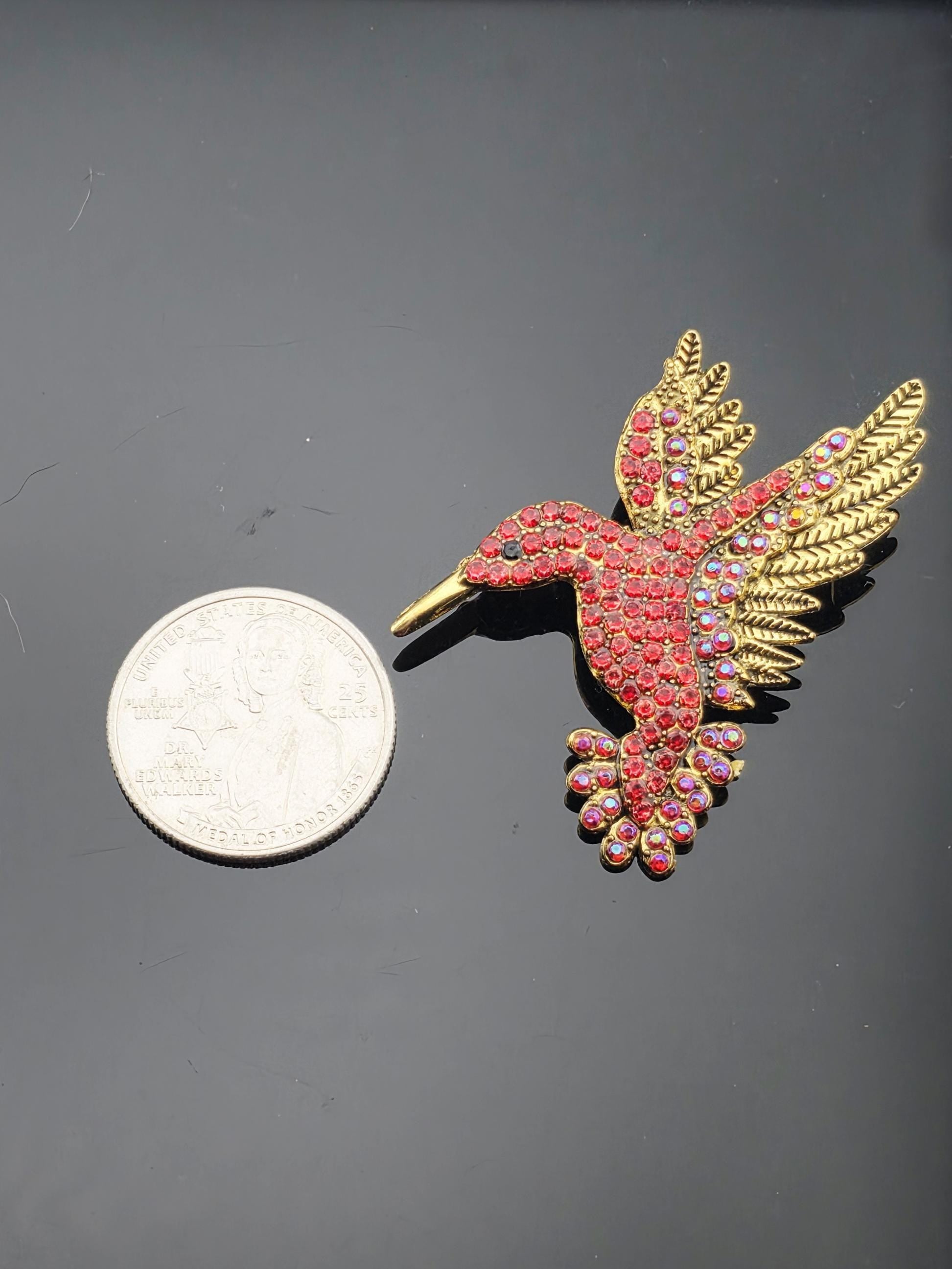 Hummingbird Brooch, Red Rhinestones Sparkle (40x50mm Pin) | Handmade Pin | Jacket Scarf Hat Accessory | Gift Idea