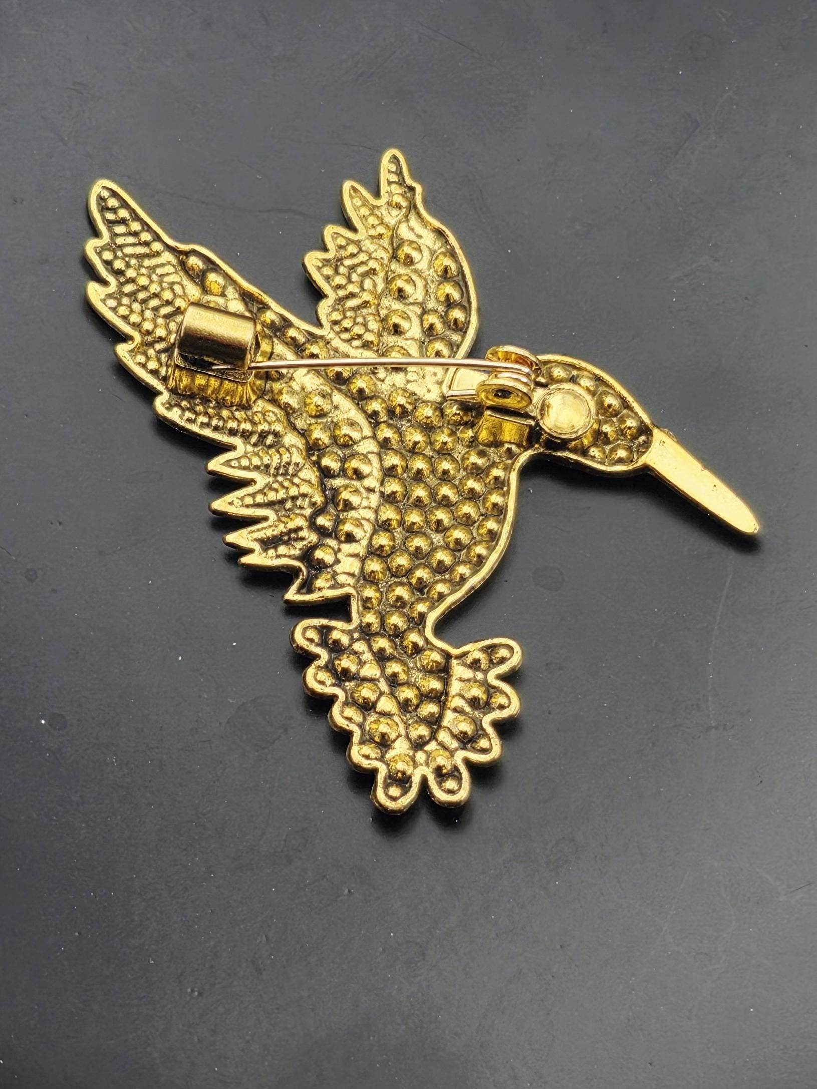 Hummingbird Brooch, Red Rhinestones Sparkle (40x50mm Pin) | Handmade Pin | Jacket Scarf Hat Accessory | Gift Idea