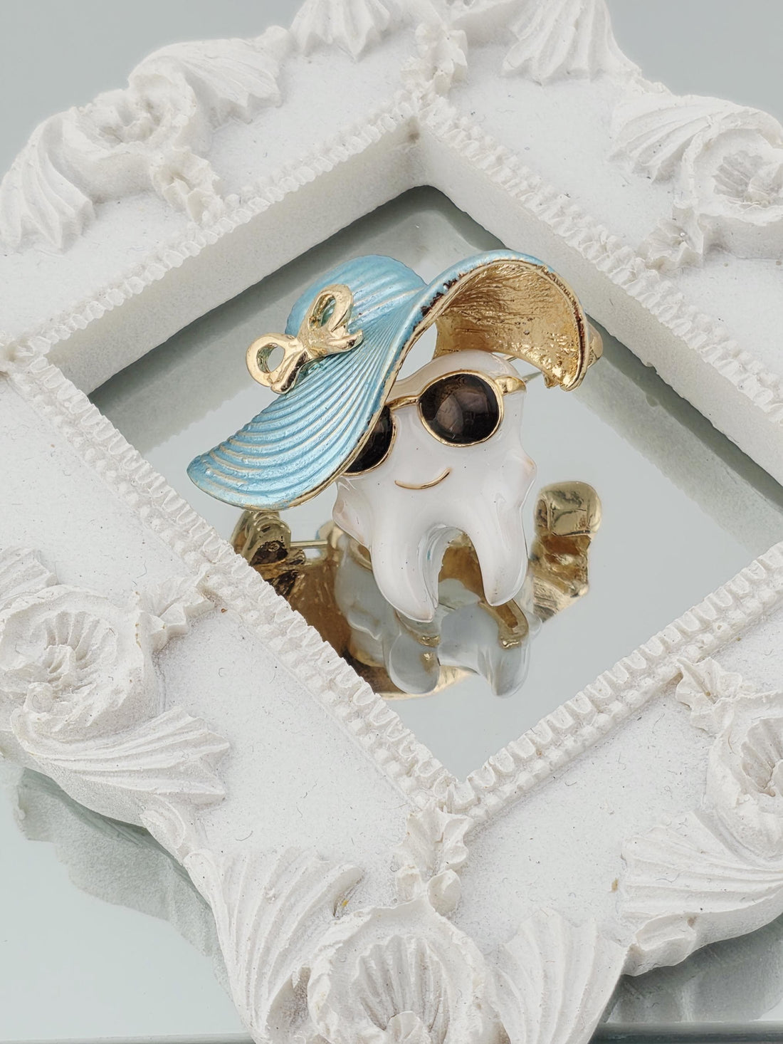 Brooch Pins: Fun Tooth and Hat Designs (Pastel Colors, Gold Trim) | Handmade Pin | Jacket Scarf Hat Accessory | Gift Idea