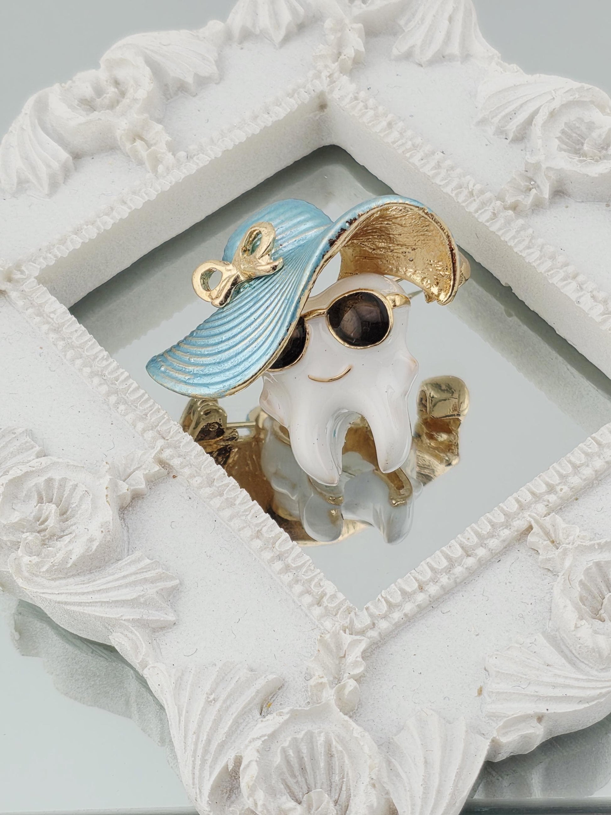 Brooch Pins: Fun Tooth and Hat Designs (Pastel Colors, Gold Trim) | Handmade Pin | Jacket Scarf Hat Accessory | Gift Idea