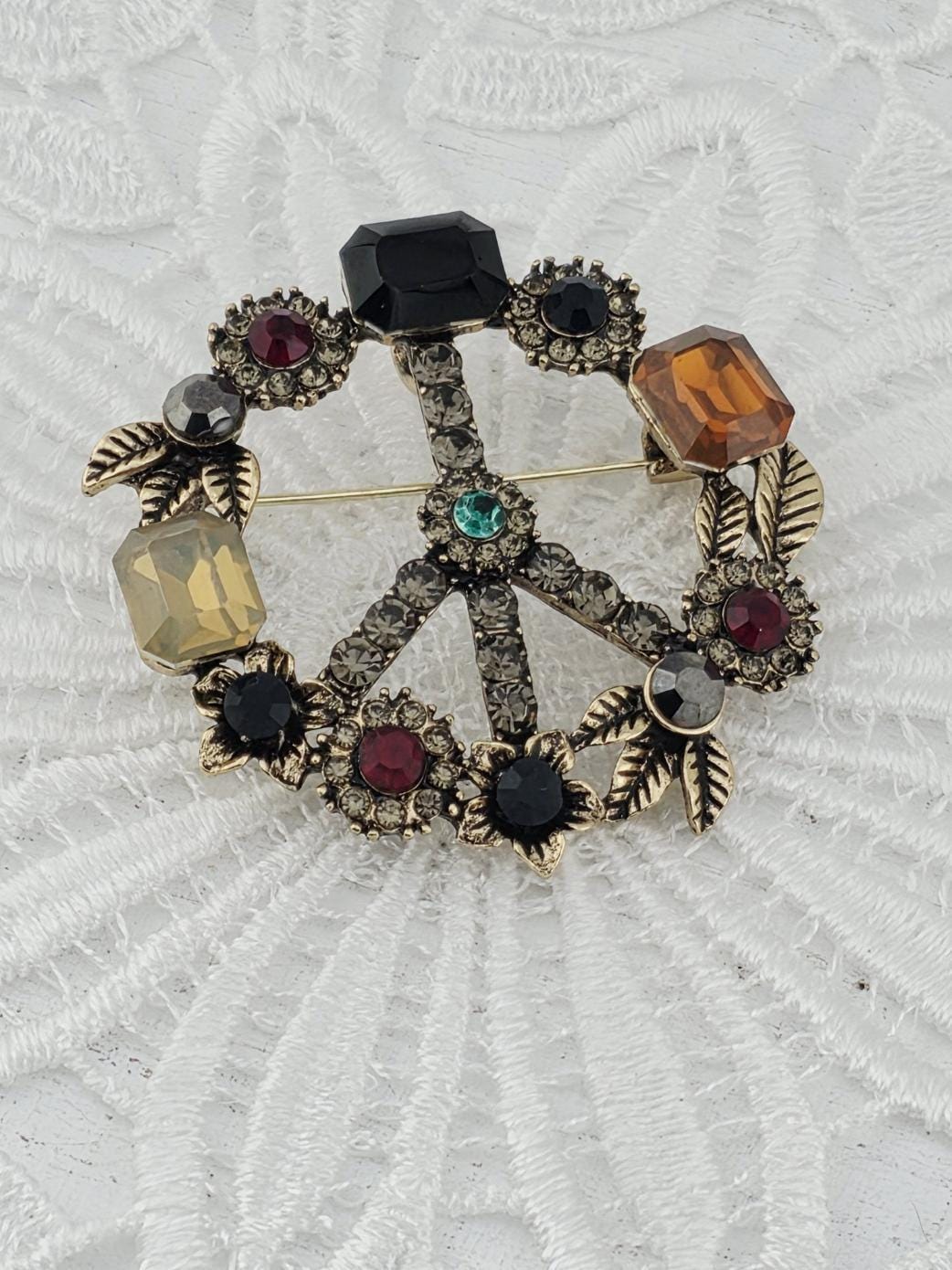 Colorful Leaf Wreath Brooch: Sparkling Rhinestone Accent | Handmade Pin | Jacket Scarf Hat Accessory | Gift Idea