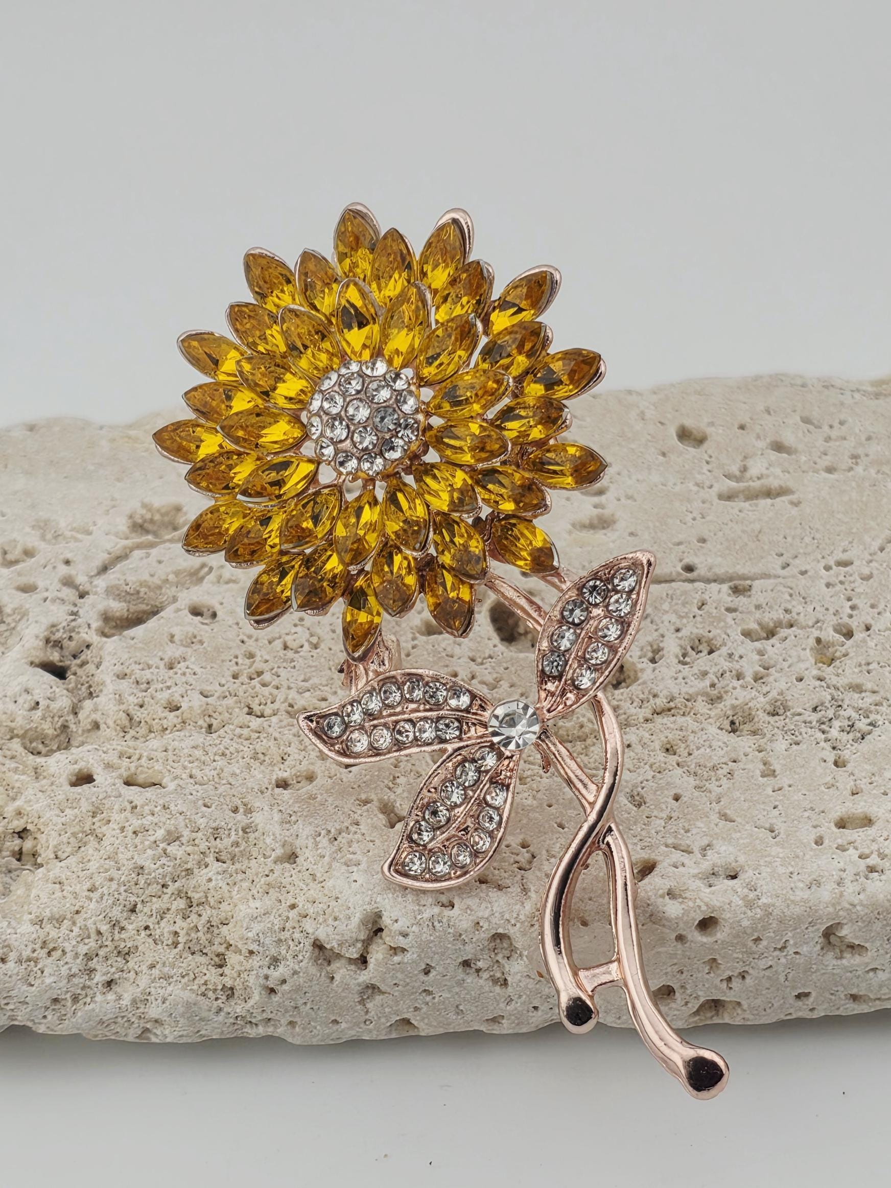Sunflower Brooch - Yellow Flower with Rhinestone Detail | Handmade Pin | Jacket Scarf Hat Accessory | Gift Idea