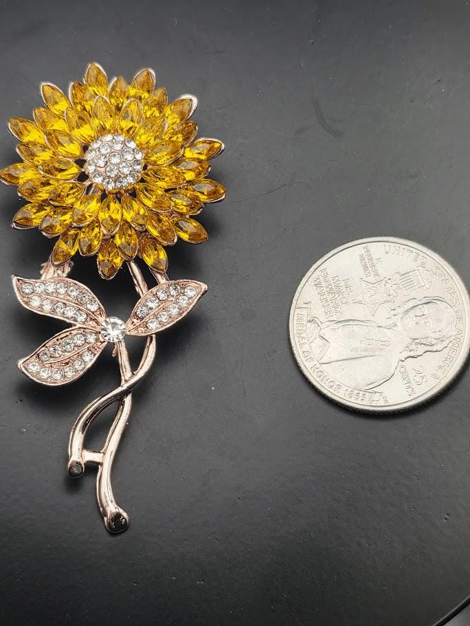 Sunflower Brooch - Yellow Flower with Rhinestone Detail | Handmade Pin | Jacket Scarf Hat Accessory | Gift Idea