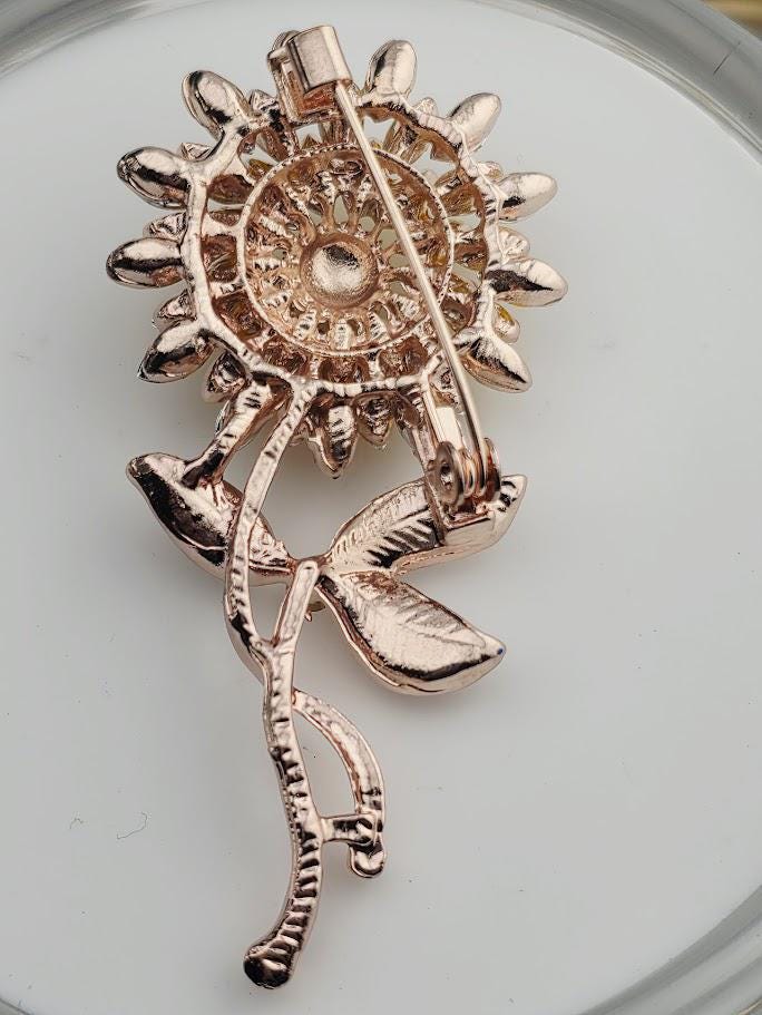 Sunflower Brooch - Yellow Flower with Rhinestone Detail | Handmade Pin | Jacket Scarf Hat Accessory | Gift Idea