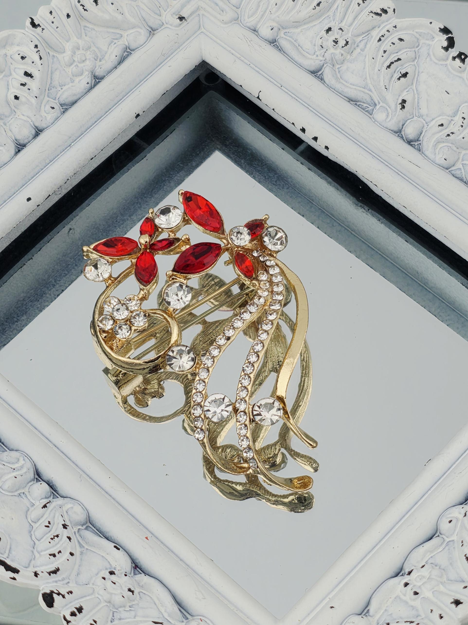Floral Ruby Brooch, Gold Tone (45x30mm Sparkling Gems) | Handmade Pin | Jacket Scarf Hat Accessory | Gift Idea