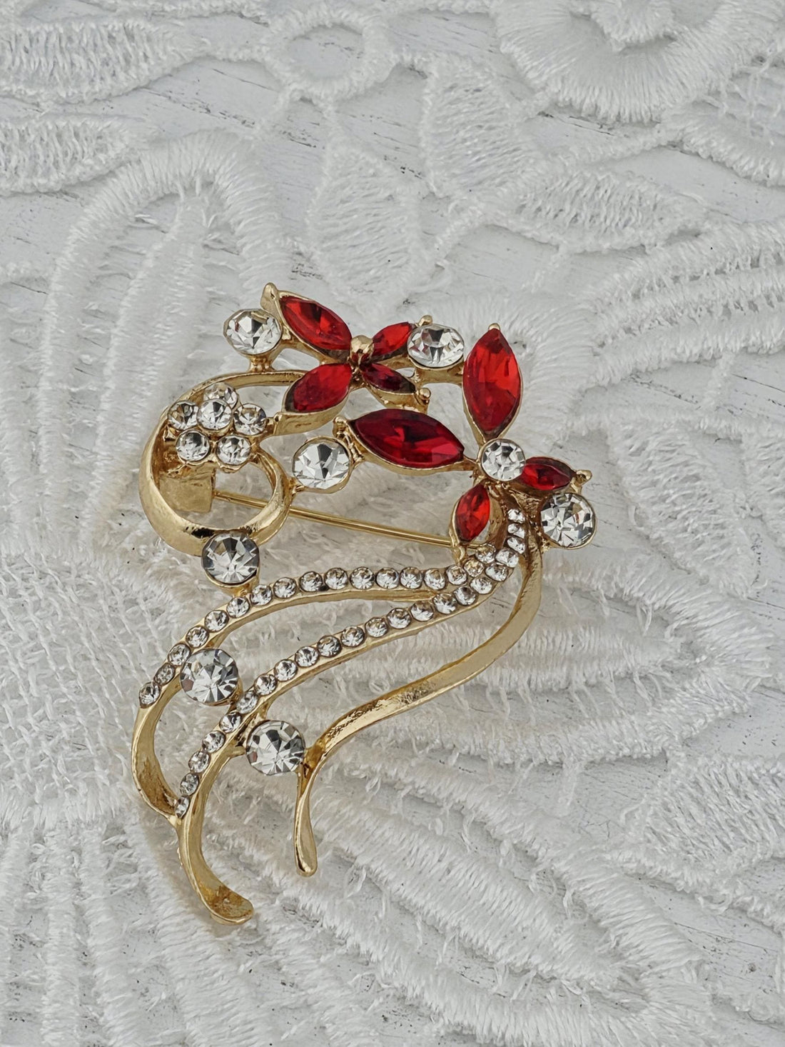 Floral Ruby Brooch, Gold Tone (45x30mm Sparkling Gems) | Handmade Pin | Jacket Scarf Hat Accessory | Gift Idea