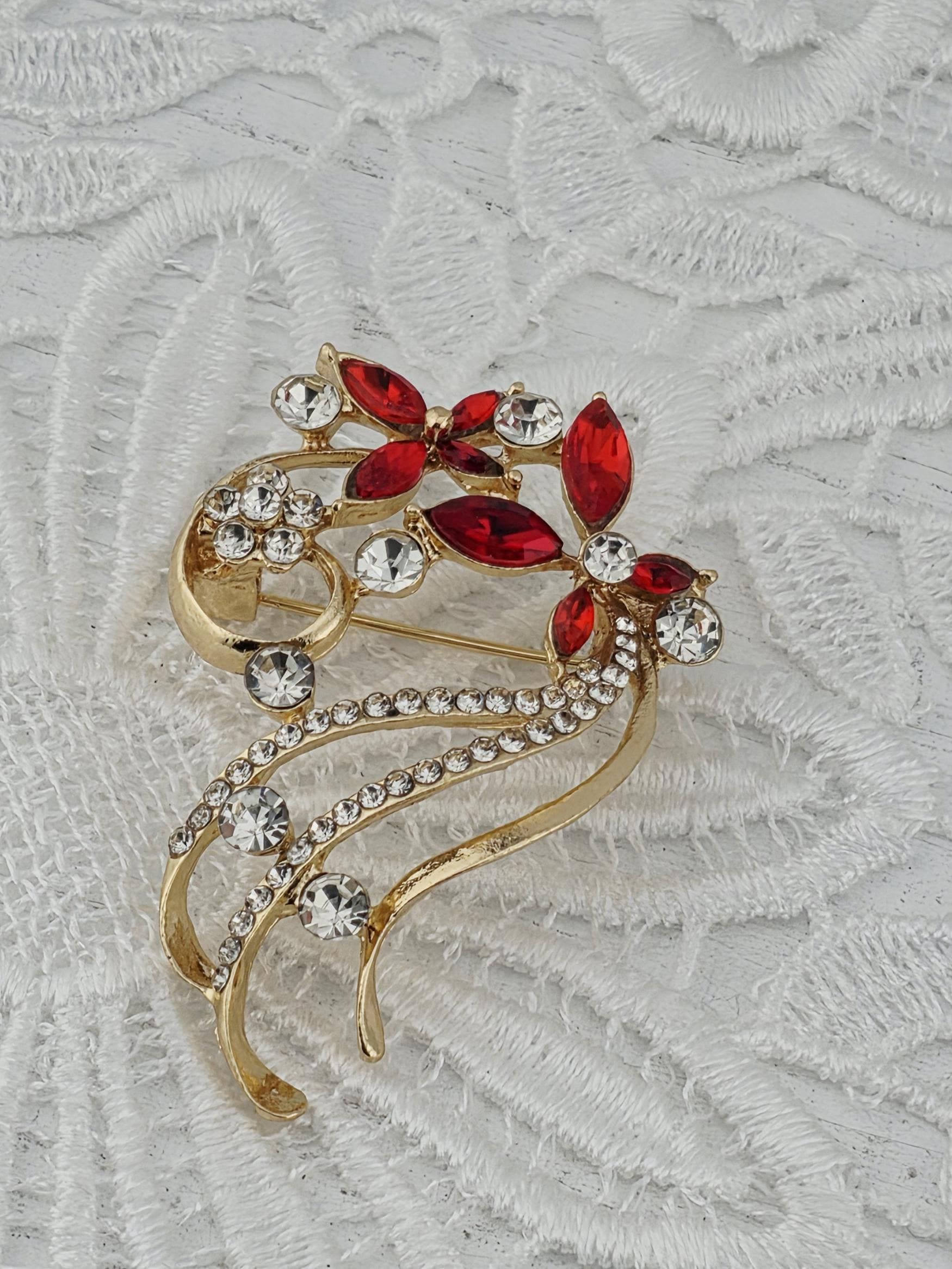 Floral Ruby Brooch, Gold Tone (45x30mm Sparkling Gems) | Handmade Pin | Jacket Scarf Hat Accessory | Gift Idea
