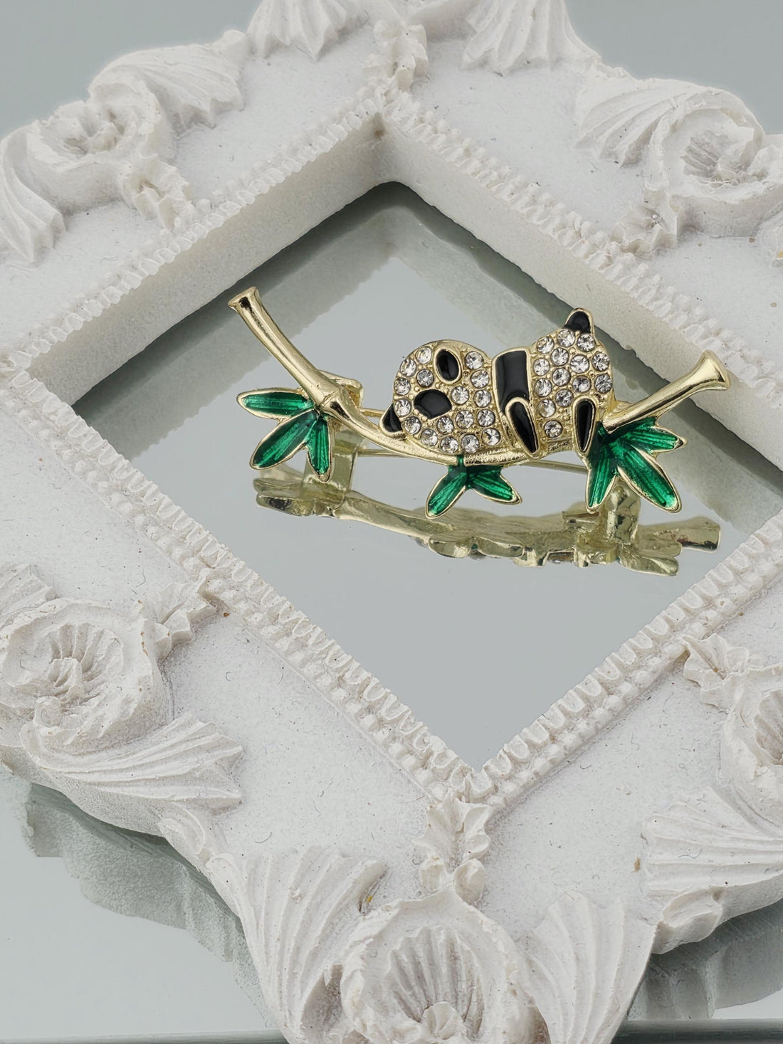 Panda Brooch Pin - Delicate Green Leaves with Sparkling Rhinestones | Handmade Pin | Jacket Scarf Hat Accessory | Gift Idea