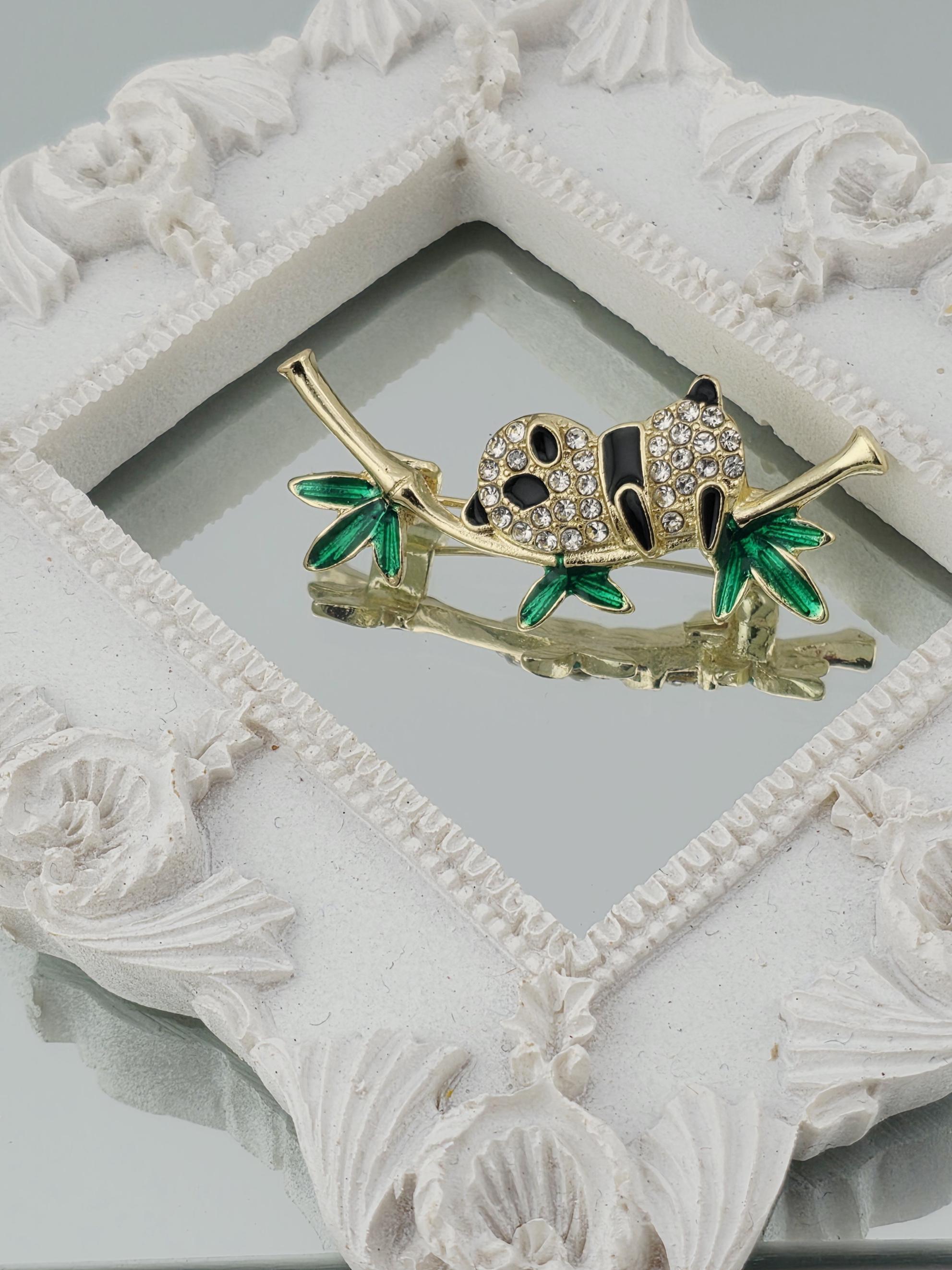 Panda Brooch Pin - Delicate Green Leaves with Sparkling Rhinestones | Handmade Pin | Jacket Scarf Hat Accessory | Gift Idea