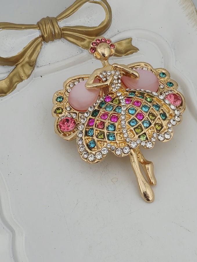 Ballerina Brooch: Gold Fairy Design - Pink Gem Accents | Handmade Pin | Jacket Scarf Hat Accessory | Gift Idea