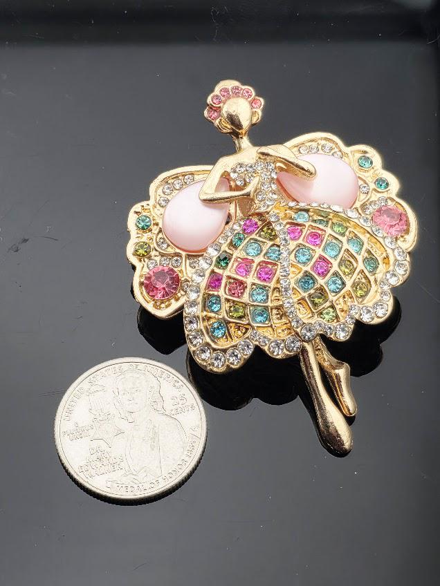 Ballerina Brooch: Gold Fairy Design - Pink Gem Accents | Handmade Pin | Jacket Scarf Hat Accessory | Gift Idea