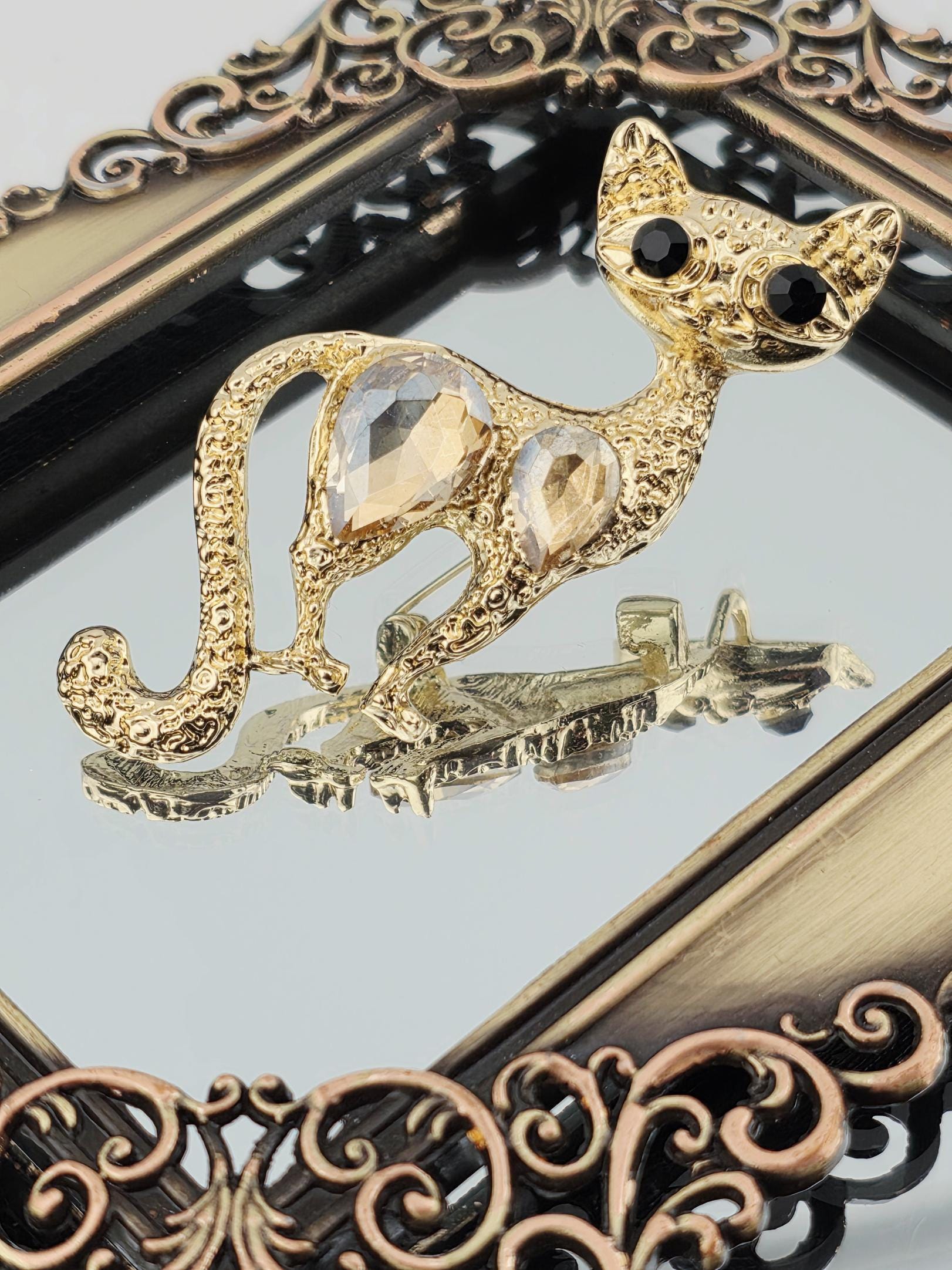 Gold Cat Brooch Pin - Rhinestone Detail, Cute Jewelry Accent | Handmade Pin | Jacket Scarf Hat Accessory | Gift Idea