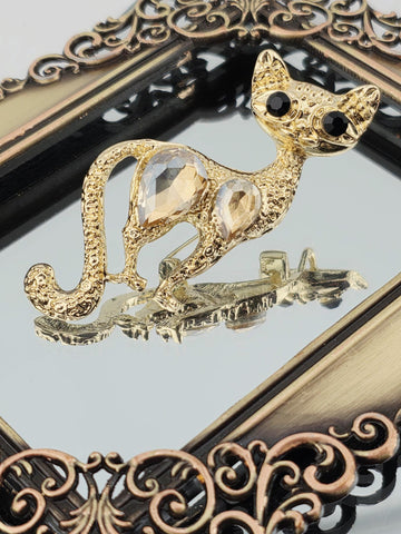 Gold Cat Brooch Pin - Rhinestone Detail, Cute Jewelry Accent | Handmade Pin | Jacket Scarf Hat Accessory | Gift Idea