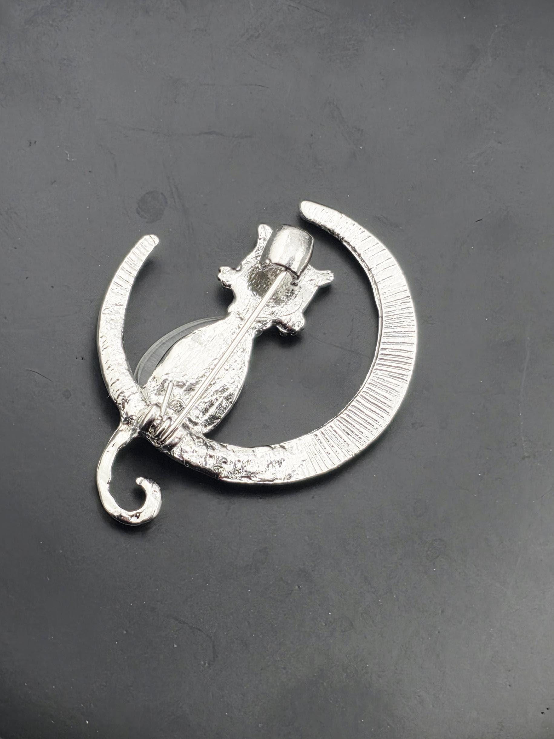 Silver Cat Brooch Pin: Simple Design with Zirconia Stone | Handmade Pin | Jacket Scarf Hat Accessory | Gift Idea