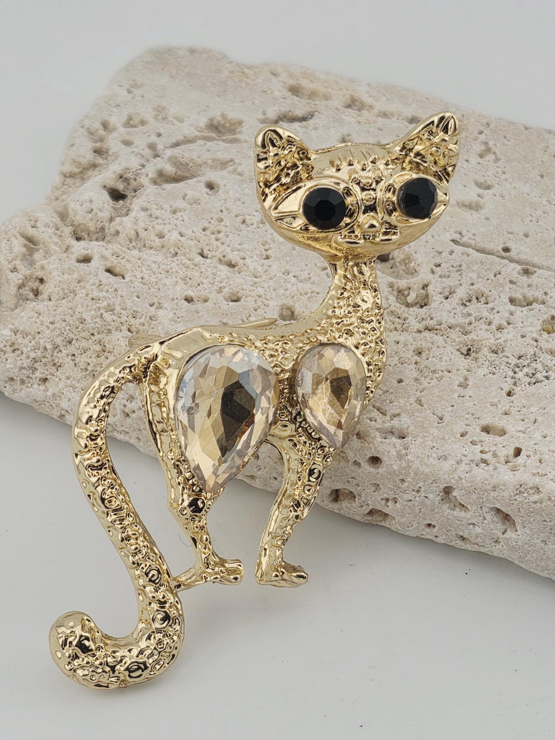 Gold Cat Brooch Pin - Rhinestone Detail, Cute Jewelry Accent | Handmade Pin | Jacket Scarf Hat Accessory | Gift Idea