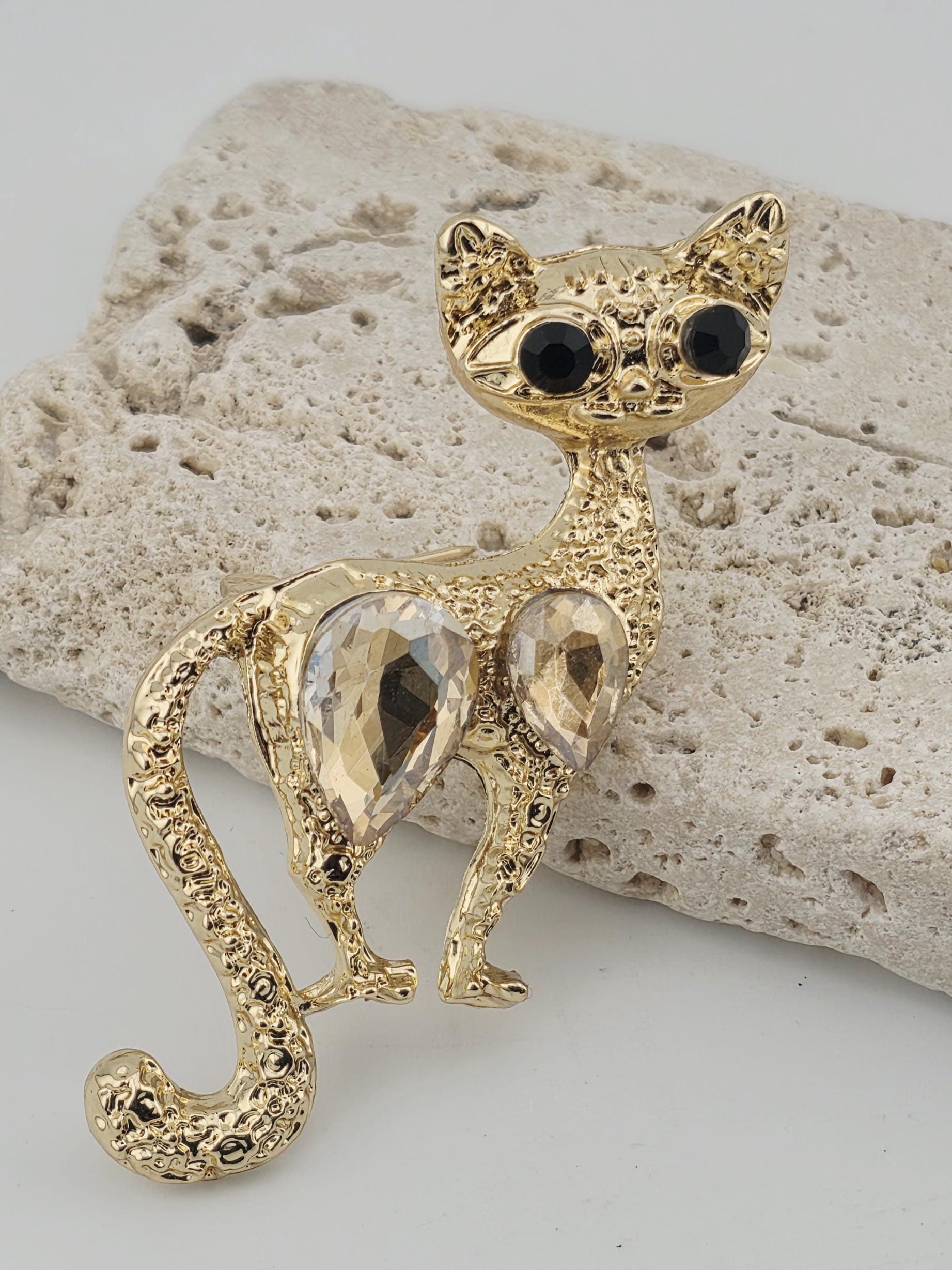 Gold Cat Brooch Pin - Rhinestone Detail, Cute Jewelry Accent | Handmade Pin | Jacket Scarf Hat Accessory | Gift Idea