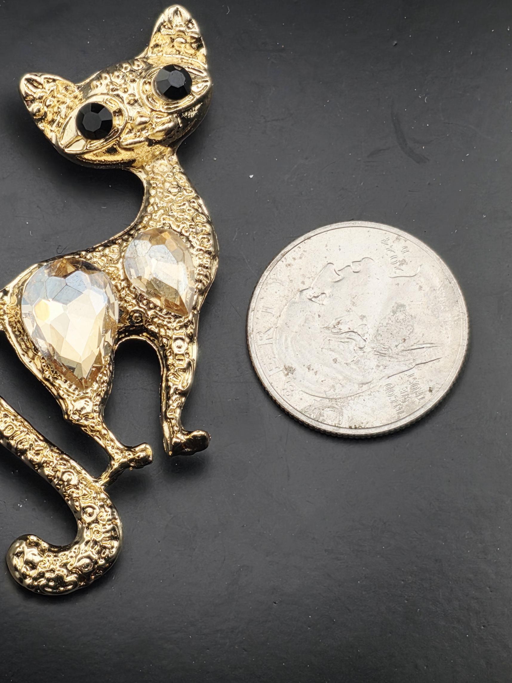Gold Cat Brooch Pin - Rhinestone Detail, Cute Jewelry Accent | Handmade Pin | Jacket Scarf Hat Accessory | Gift Idea