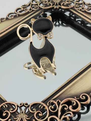 Cat Brooch: Black and Gold plated Enamel Brooch | Handmade Pin | Jacket Scarf Hat Accessory | Gift Idea