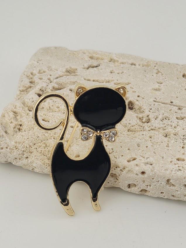 Cat Brooch: Black and Gold plated Enamel Brooch | Handmade Pin | Jacket Scarf Hat Accessory | Gift Idea