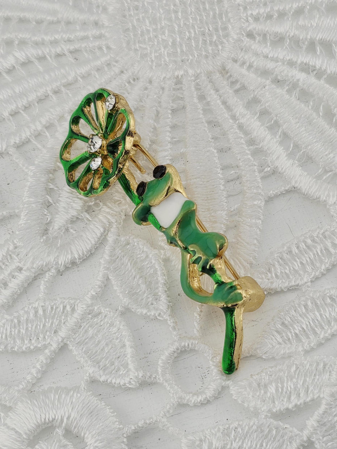 Frog Enamel Pin: Green with Lotus Leaf - Rhinestone Detail | Handmade Pin | Jacket Scarf Hat Accessory | Gift Idea
