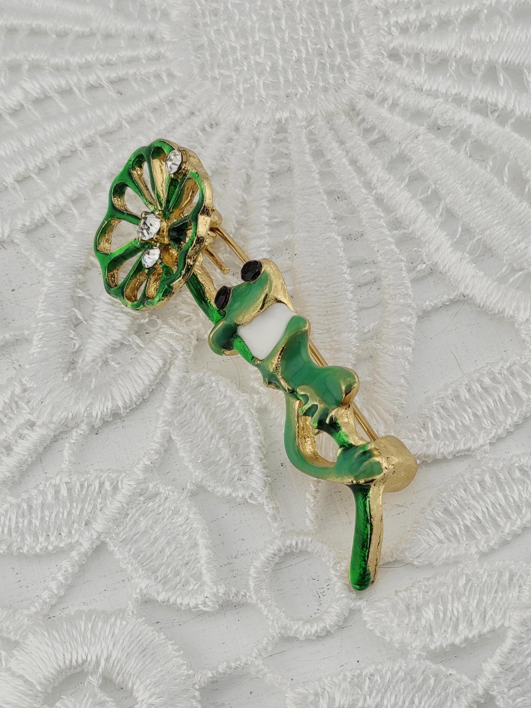 Frog Enamel Pin: Green with Lotus Leaf - Rhinestone Detail | Handmade Pin | Jacket Scarf Hat Accessory | Gift Idea