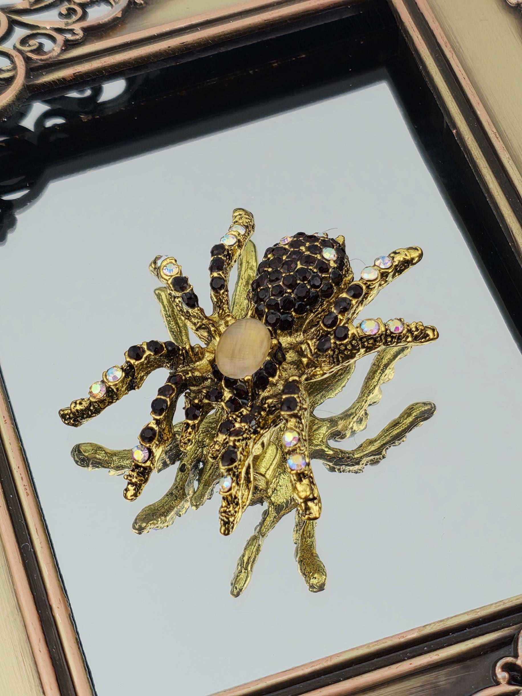 Ruby Spider Brooch, Gold Tone with Black and White Gems (60x55mm) | Handmade Pin | Jacket Scarf Hat Accessory | Gift Idea
