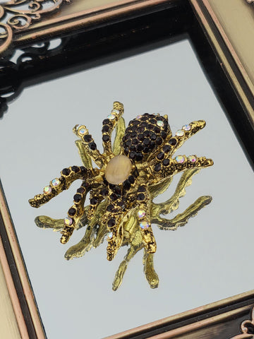 Ruby Spider Brooch, Gold Tone with Black and White Gems (60x55mm) | Handmade Pin | Jacket Scarf Hat Accessory | Gift Idea