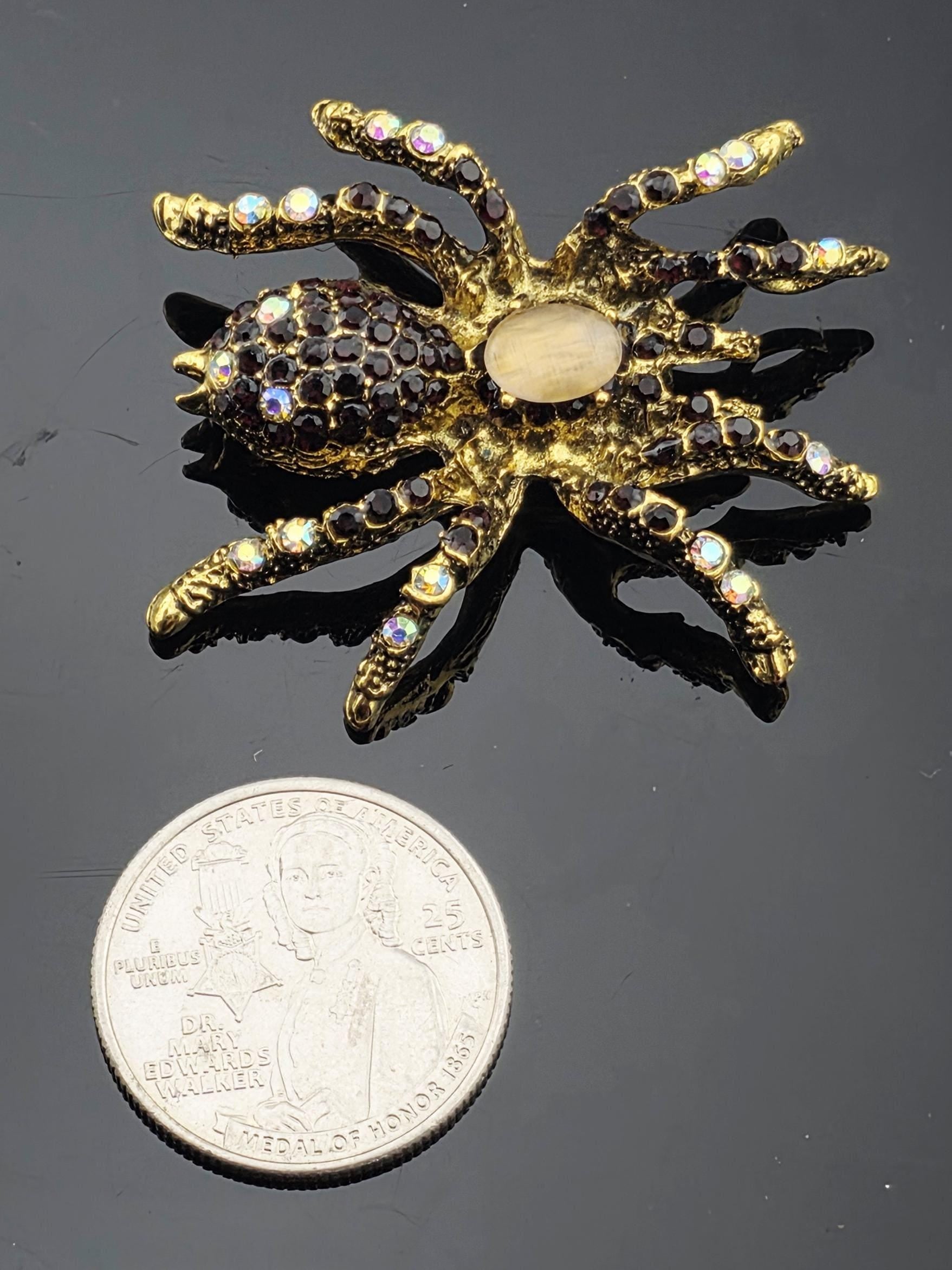 Ruby Spider Brooch, Gold Tone with Black and White Gems (60x55mm) | Handmade Pin | Jacket Scarf Hat Accessory | Gift Idea