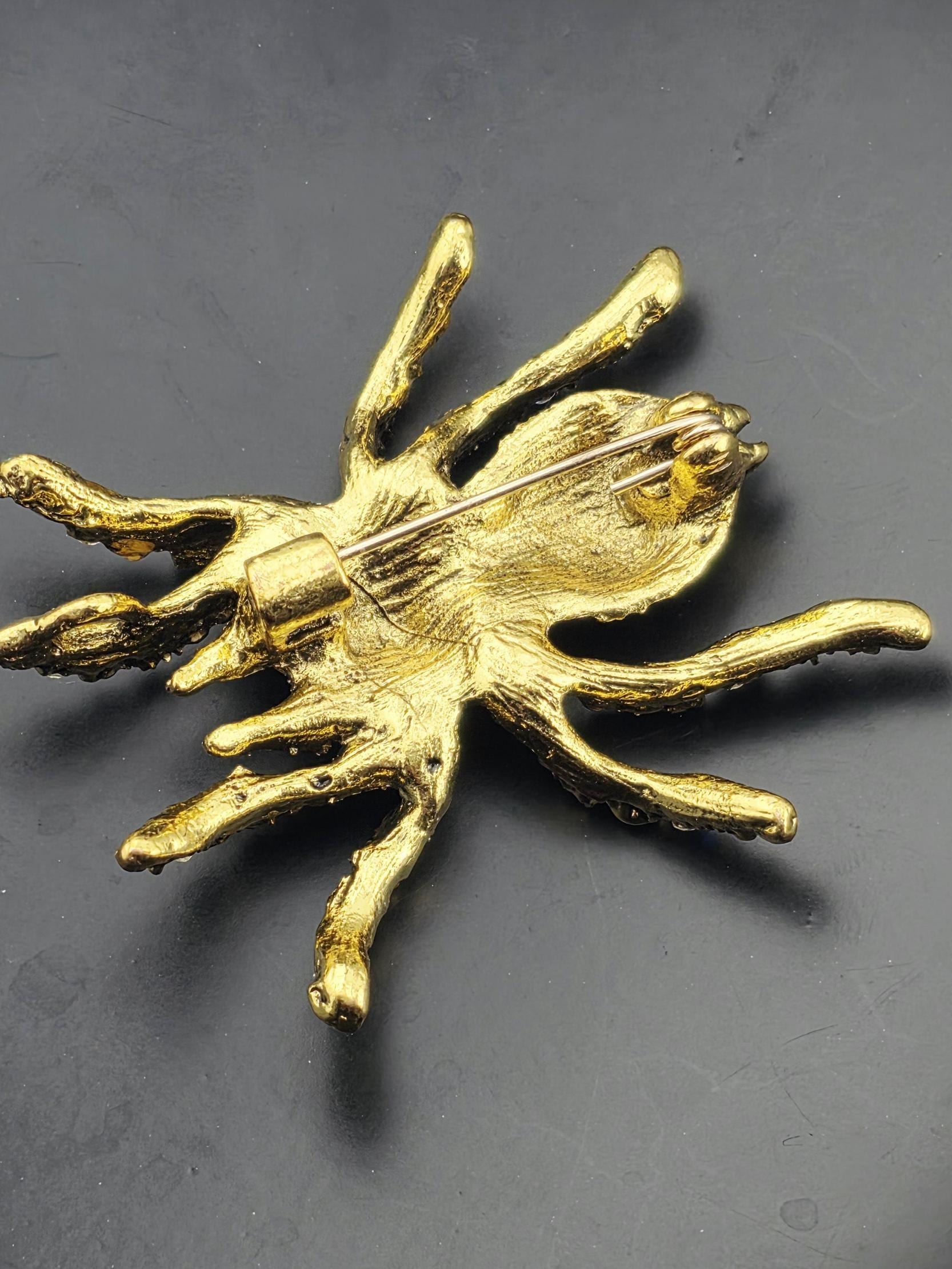 Ruby Spider Brooch, Gold Tone with Black and White Gems (60x55mm) | Handmade Pin | Jacket Scarf Hat Accessory | Gift Idea